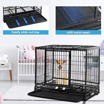 Dog Cage Crate Heavy Duty Sturdy Metal 48/36 Large Pet Dog Kennel Fence for Training, Indoor and Outdoor Dog Fence with Lockable Wheels and Plastic Tray and Double Door Lock Design,Black