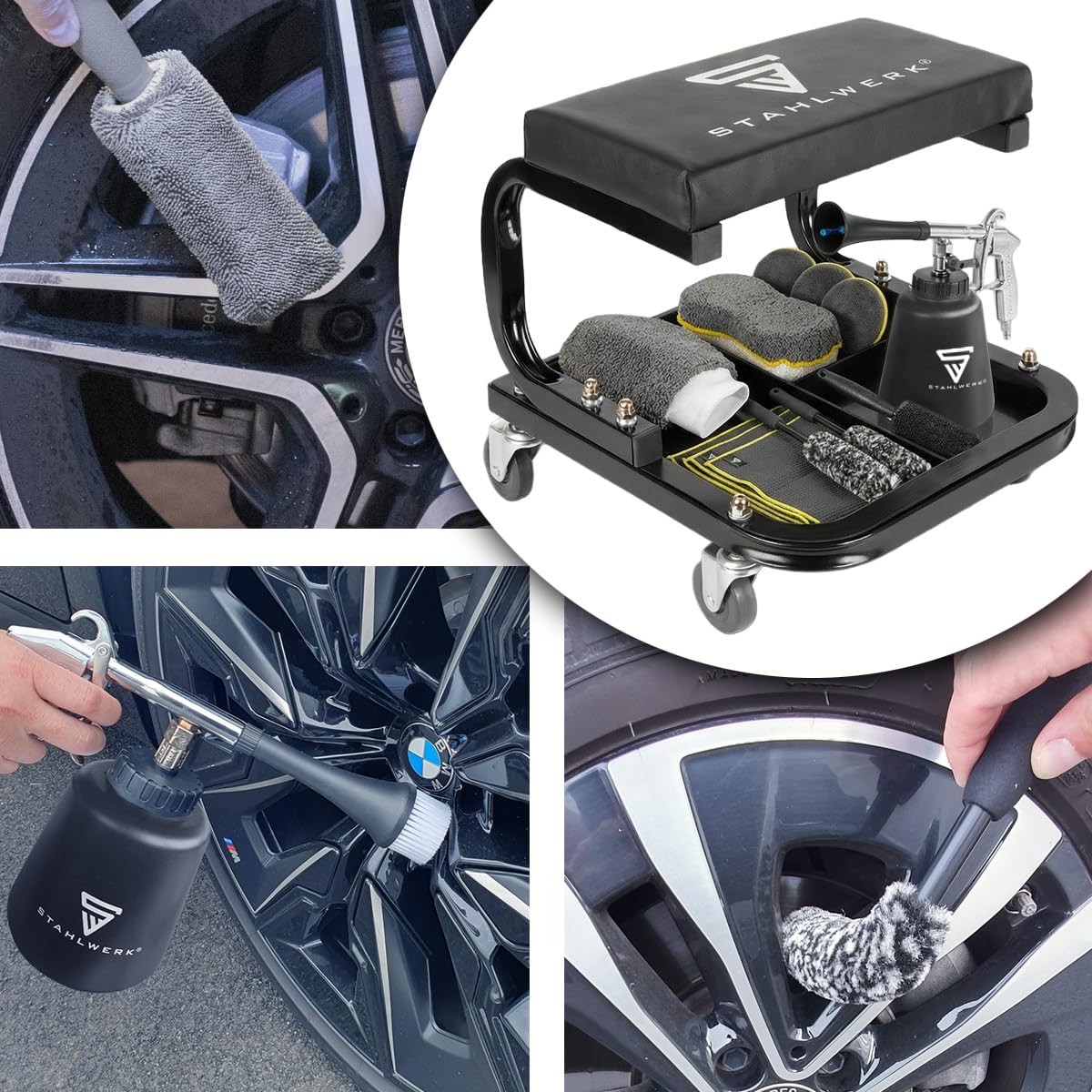 STAHLWERK Werkstatt- und Auto-Detailing-Set 21-teilig | Werkstatthocker 118 kg, Druckluft-Reinigungspistole mit Tornado-Effekt und Autoreinigungs-Set aus Mikrofaser