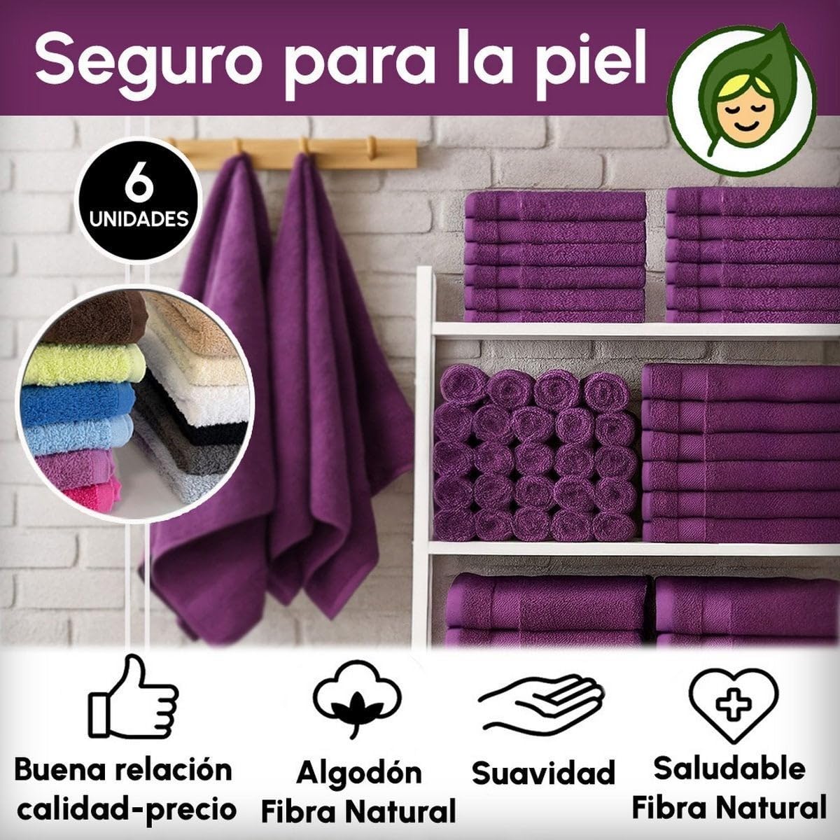 Juego de 6 Toallas Ducha Grandes Color Violeta 100% algodón 150x100 cm | Tejido suave de gran gramaje con alta absorción. Aptas para lavadora, de uso diario.