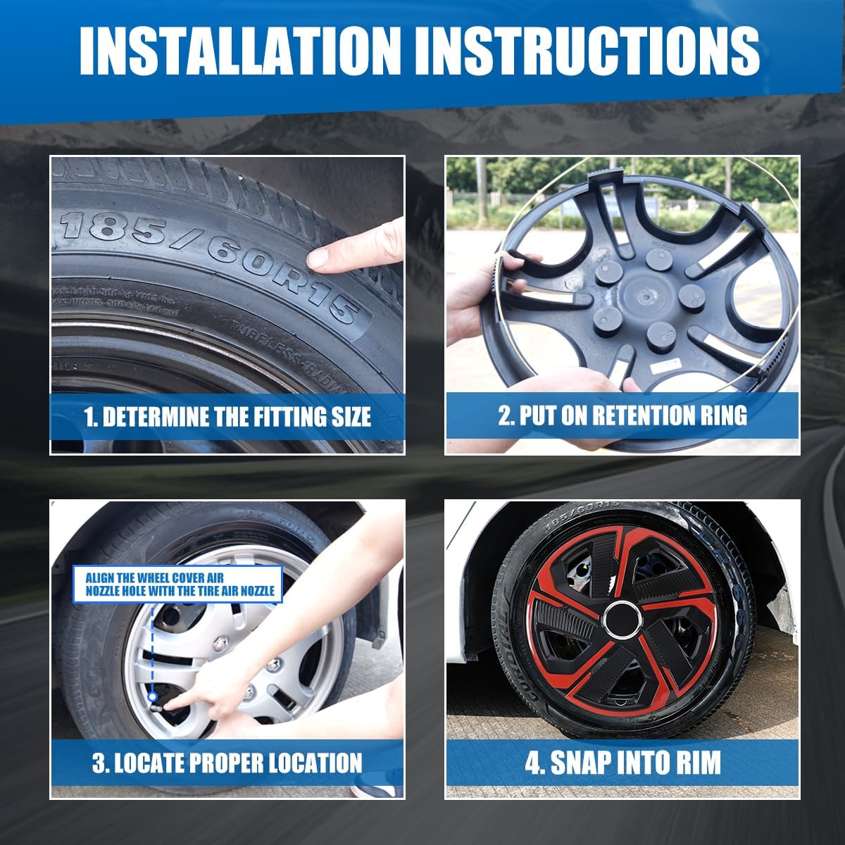 ROXX 4-Pack 15'' Universal Hubcaps, R15 Steel Wheel Rims Covers Snap On Installation with Retention Rings(15 Inch, 5180, Black Lacquer & Red Lacquer)