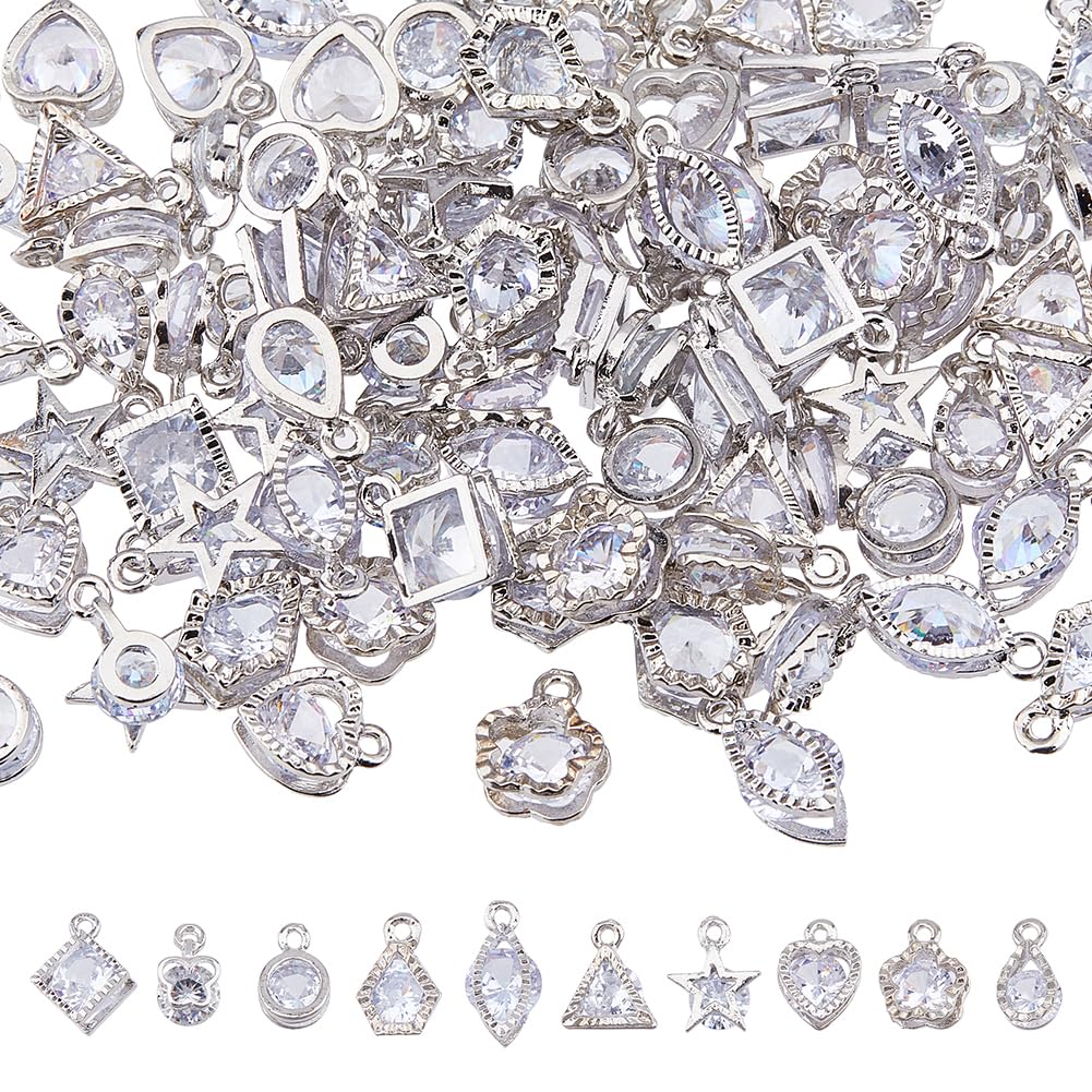Hobbspring 100Pcs 10 Styles Alloy Rhinestone Pendants Cubic Zirconia Charms Crystal Dangle Charms Platinum Heart Teardrop Star Butterfly Flower Charms for DIY Necklace Earring Jewelry Making