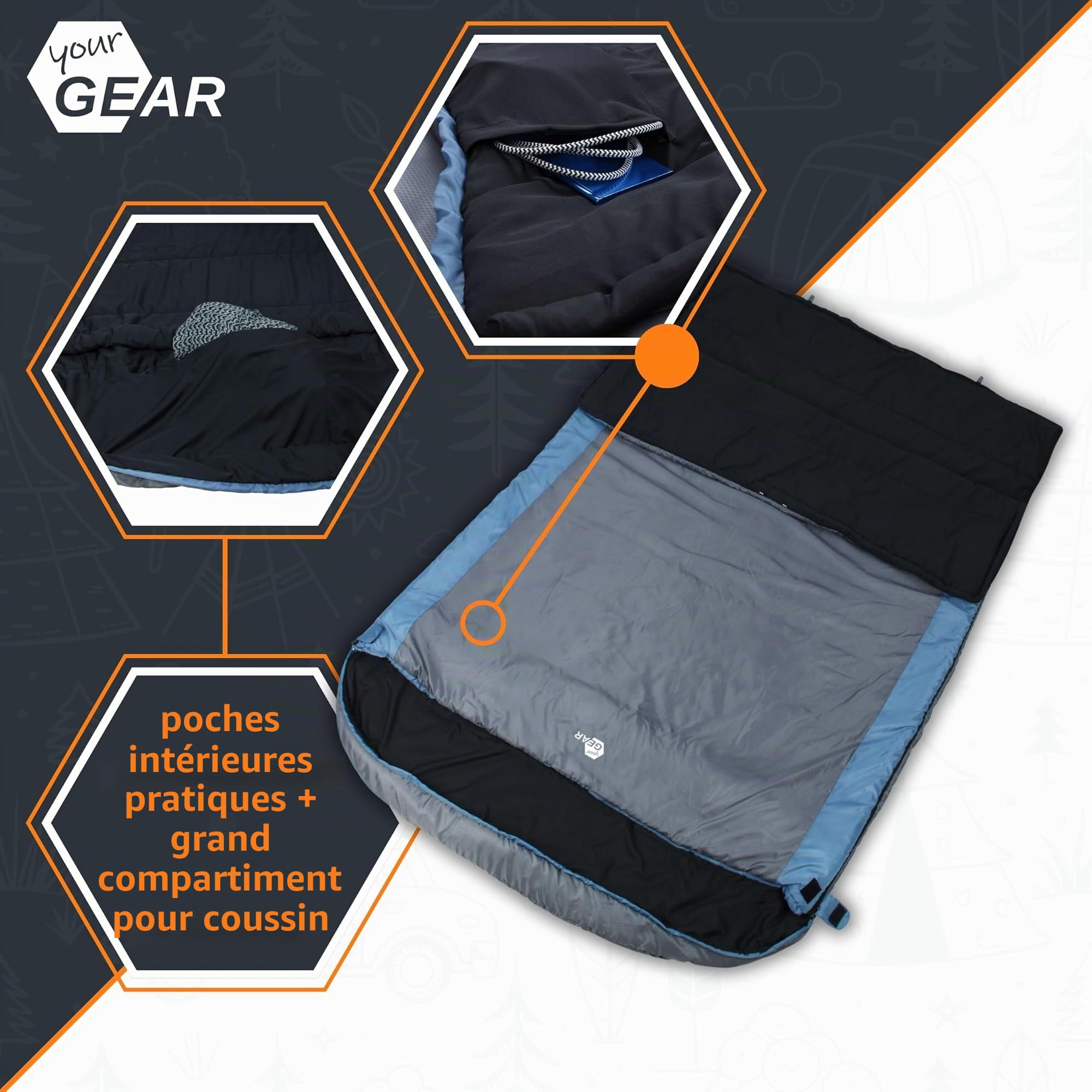 your GEAR Sac de couchage Ostria Duo - 3°C - 2 hommes - Camping - 230 x 160 cm - Double sac de couchage en bleu gris