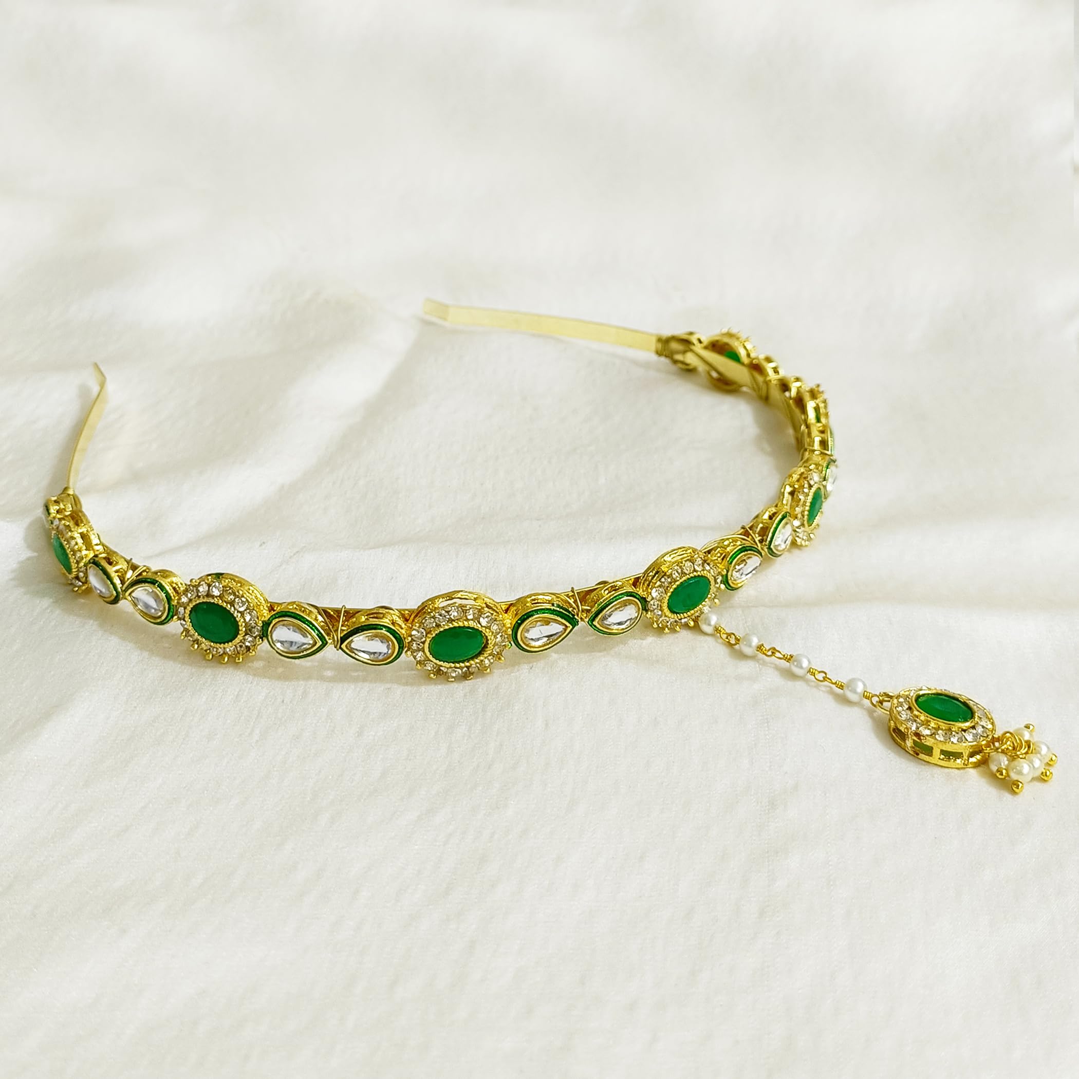 Ethnic Kundan Hairband With Attached Mang Tika/Hair Accessory Hair Jewellery for Womens/Ladies/Girls (GreenWhite) (B0CWVHGQZQ) Amazon Price History, Amazon Price Tracker