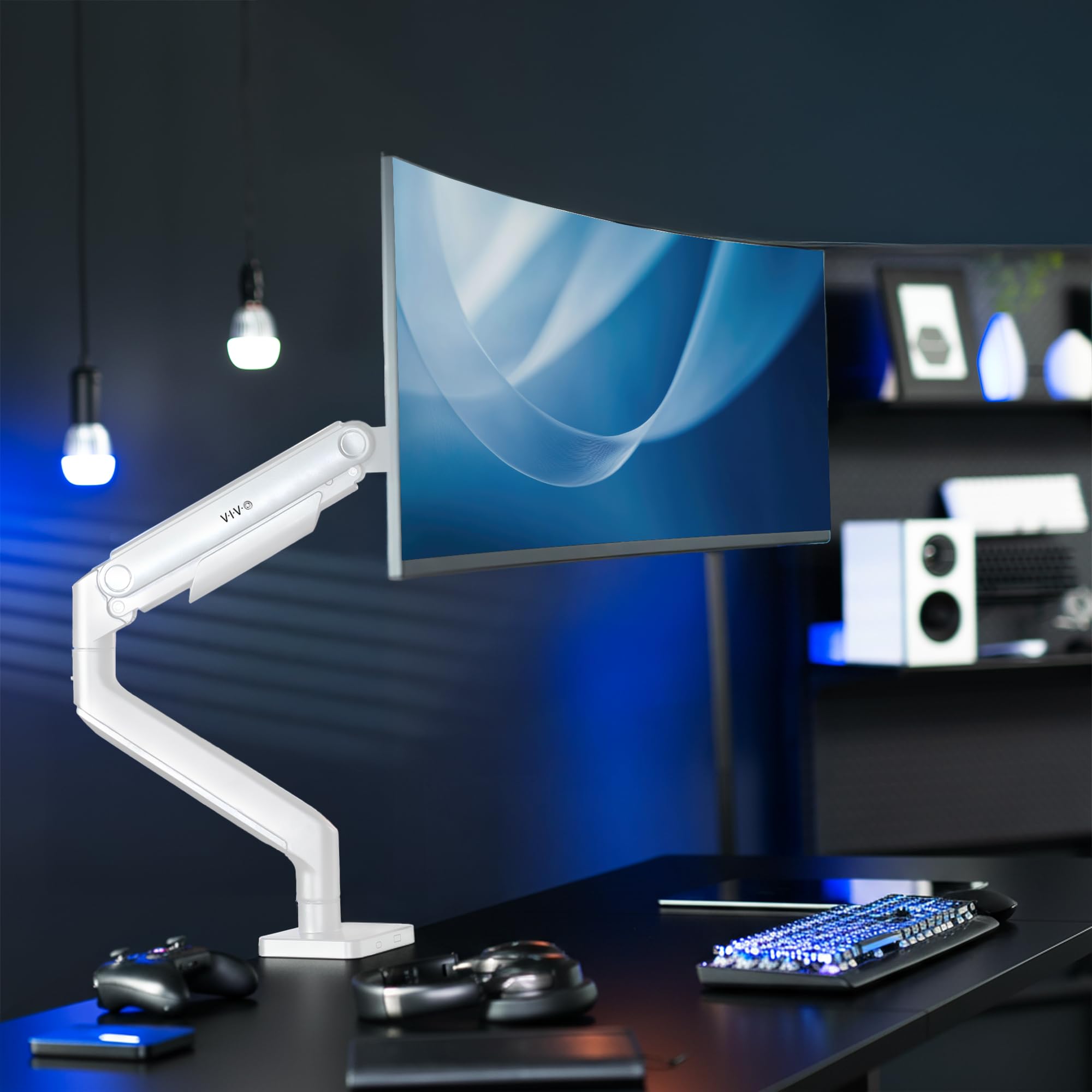 Vivo Support Écran PC Premium, Bras de Moniteur Articulé à Ressort Robuste pour Écrans jusqu'à 49 Pouces, Blanc, STAND-V101VW