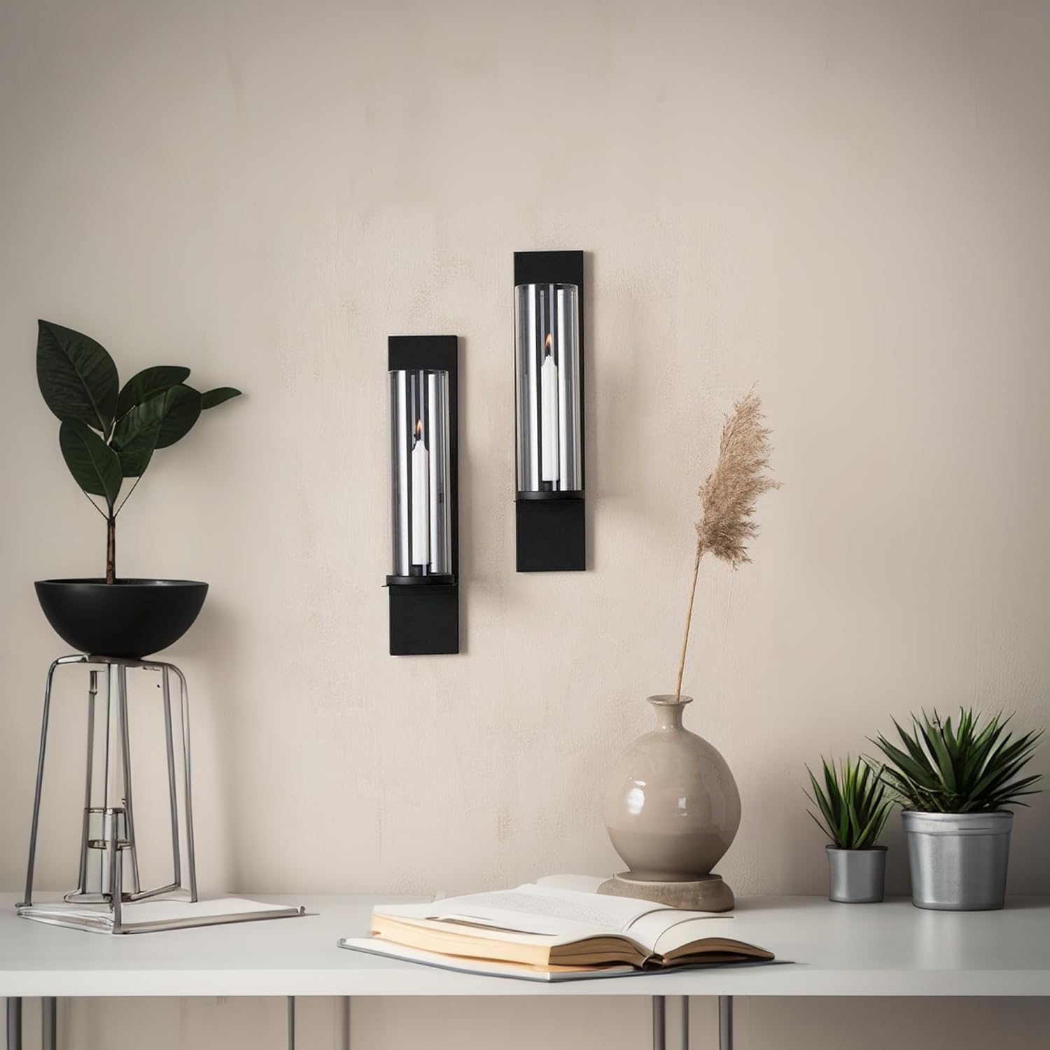 Modern Wall Candle Holder Set of Two Glass Candle Sconces Taper Hurricane Candlestick for Wedding, Living Room, Bedroom Wall Decoration,Black