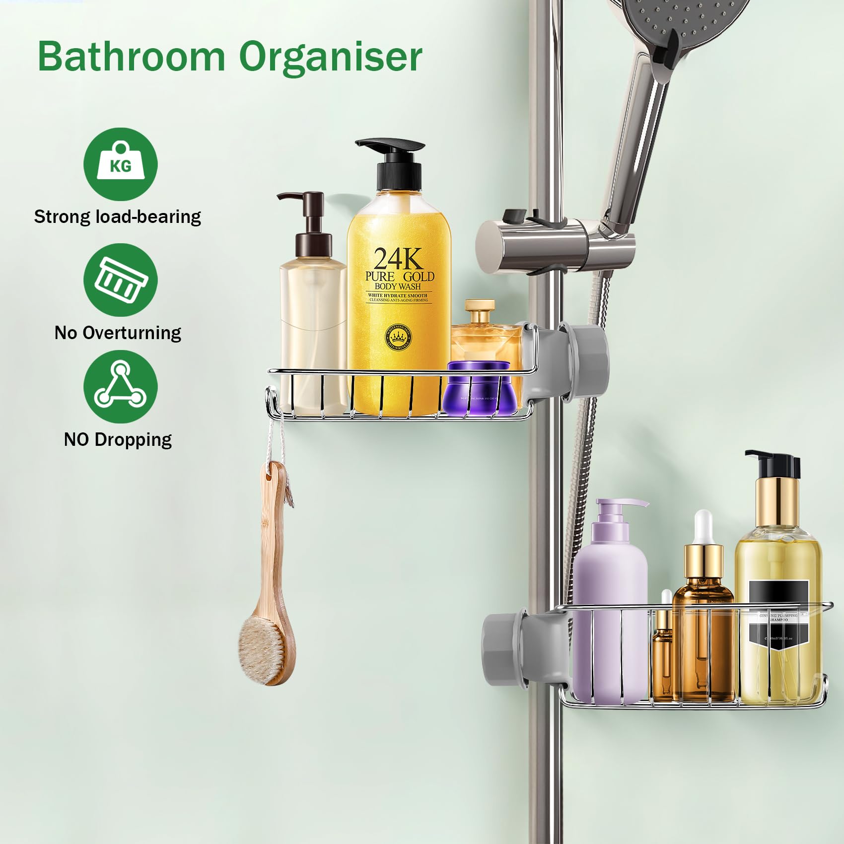 Feebee Étagère Douche sans Percage INOX 2pcs, Support Savon Gel pour Tringle 18-27mm