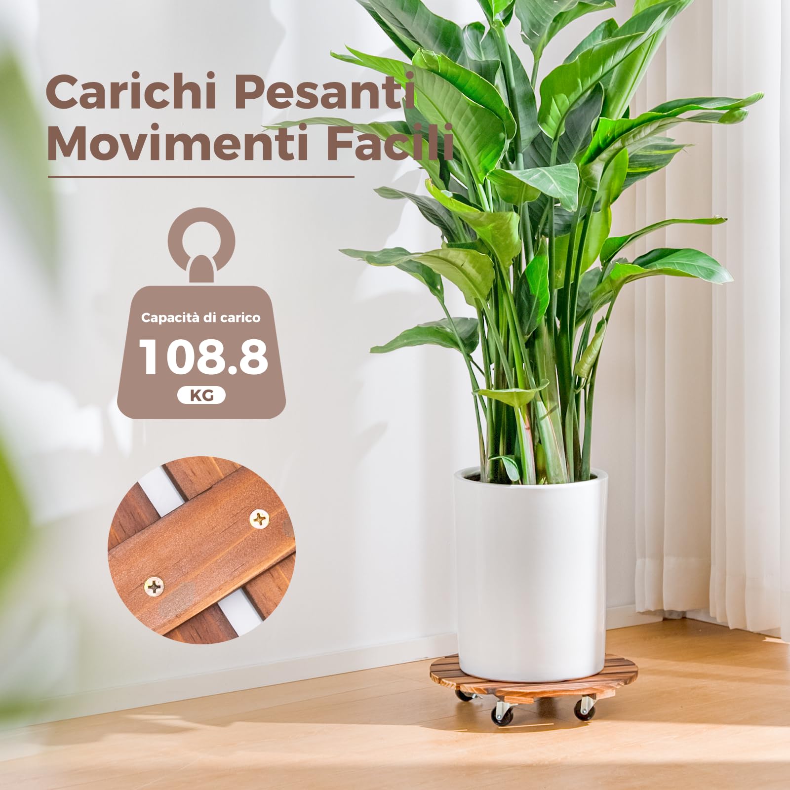 Bamworld Lot de 2 paniers à plantes en bois 35,6 cm avec roulettes – Chariot robuste 108,9 kg roues verrouillables 360°