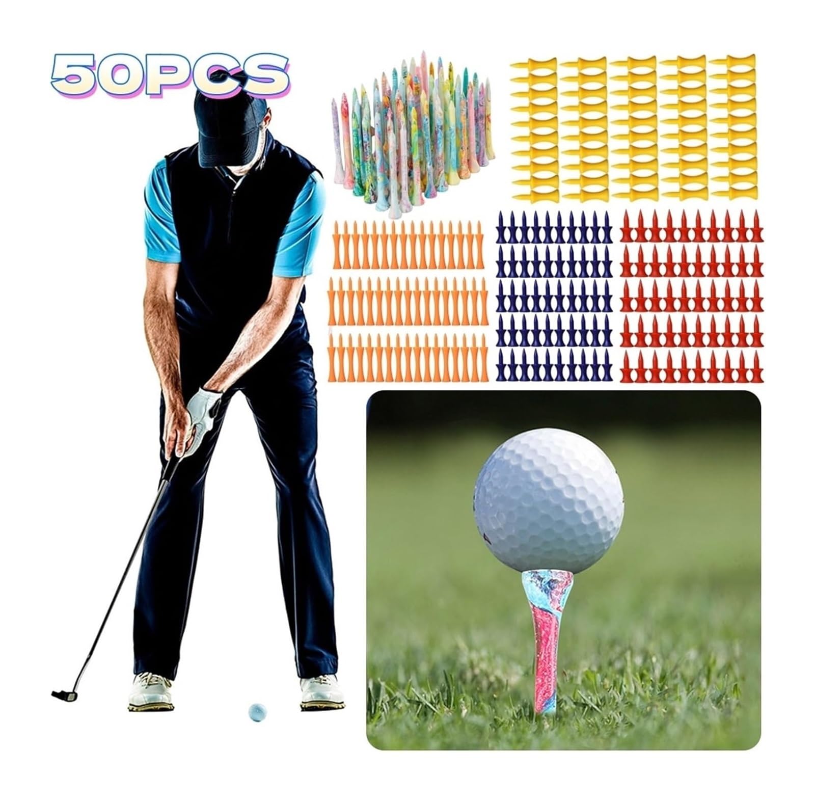 Premium-Golf-Tees, Golf-Tees, 50 Stück, 70 mm, Holz, bunt, Ballhalter, Training, Praxis, Stallzubehör