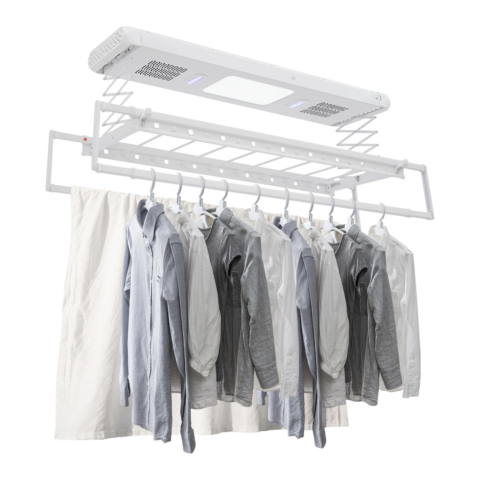 Elektryczna suszarka na pranie, montaż sufitowy, na ścianę i sufit, wysuwana, 130-215 cm, z pilotem zdalnego sterowania i oświetleniem LED, sterylizacja niebieskiego światła i 2 x
