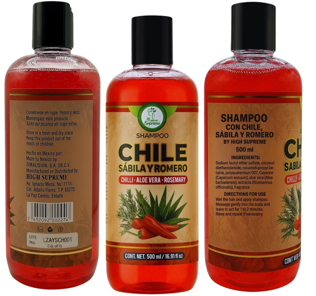 HIGH SUPREME Chili, Rosemary & Aloe Vera(Chile,Romero & Sabila) Shampoo – 500 ml – Daily Moisturizing Formula – Supports Scalp Balance – For All Hair Types – Paraben-Free - Image 2