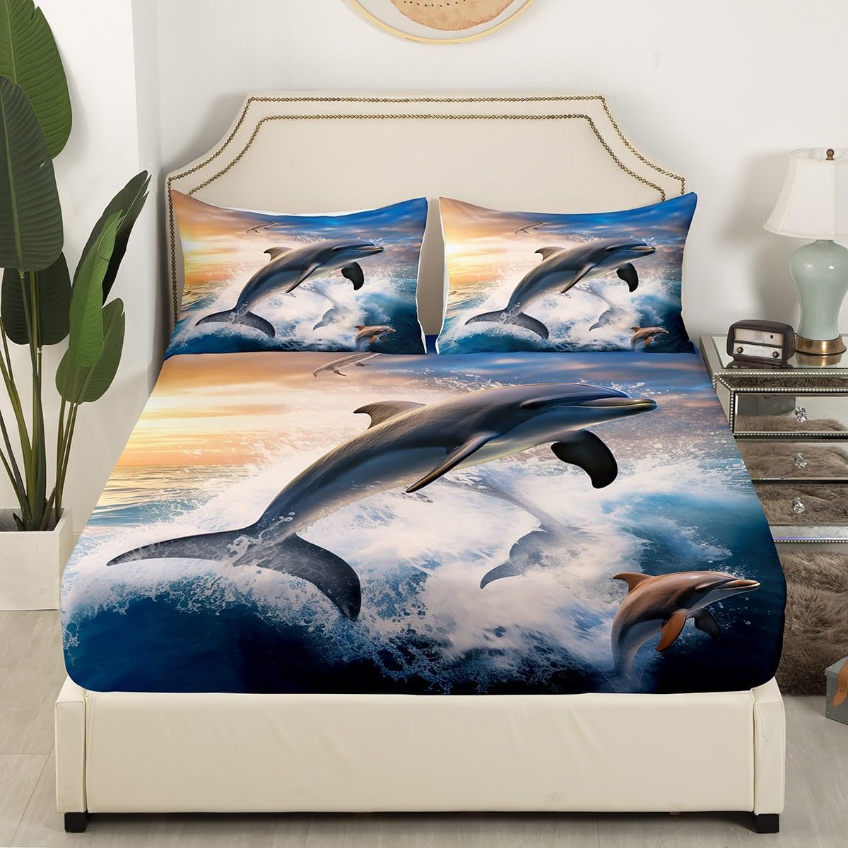 Erosebridal Sea Animals Bedding Set, Dolphins Jumping in Clear Sea Bed Sheets Ocean Marine Themed Fitted Sheet Decorative 3 Piece Sheets with 2 Pillow Cases, Full Size