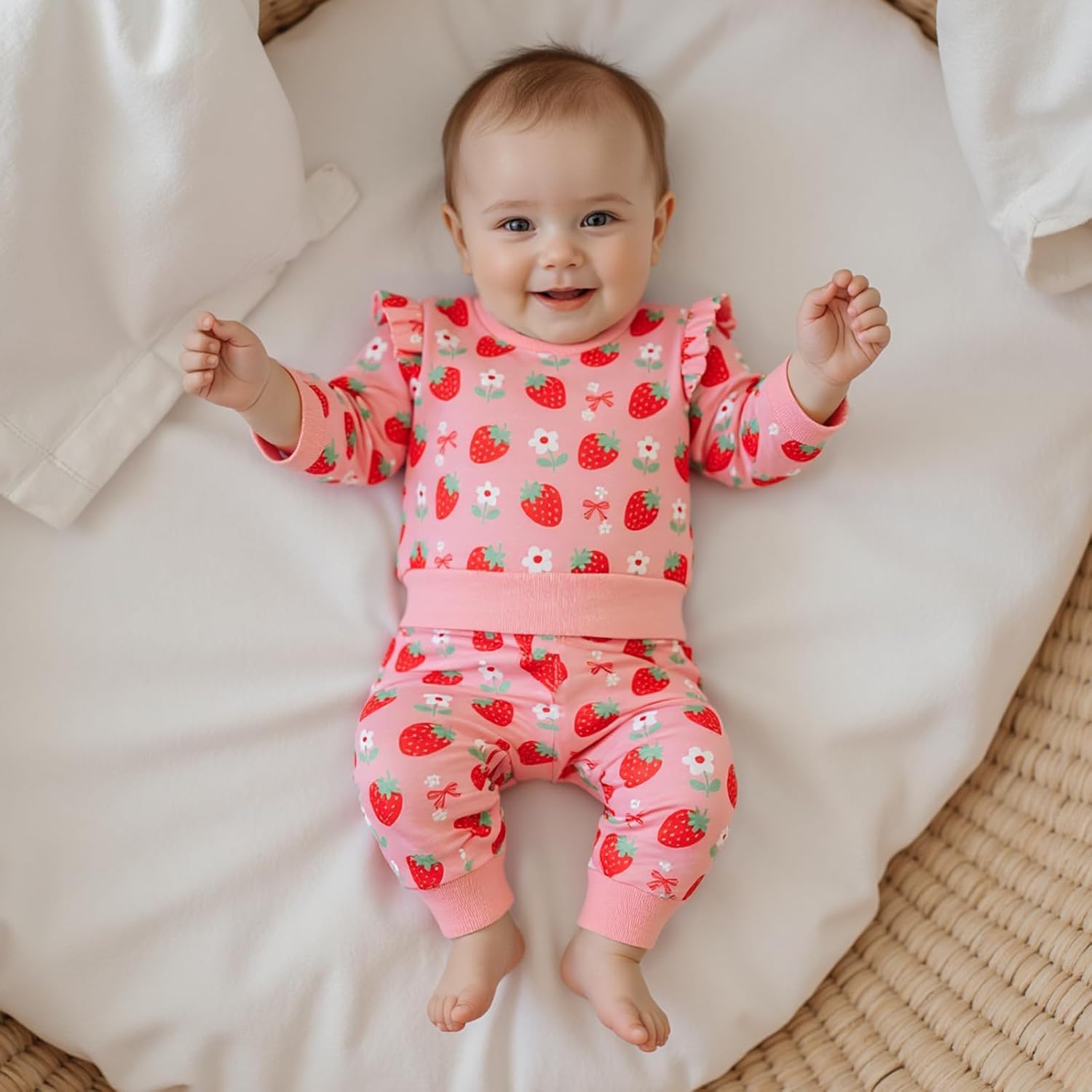 Lefyira Baby Girl Strawberry Outfits Toddler Sweatshirt Pullover Tops and Pants Set Strawberry Birthday Outfit Spring Clothes - Image 3