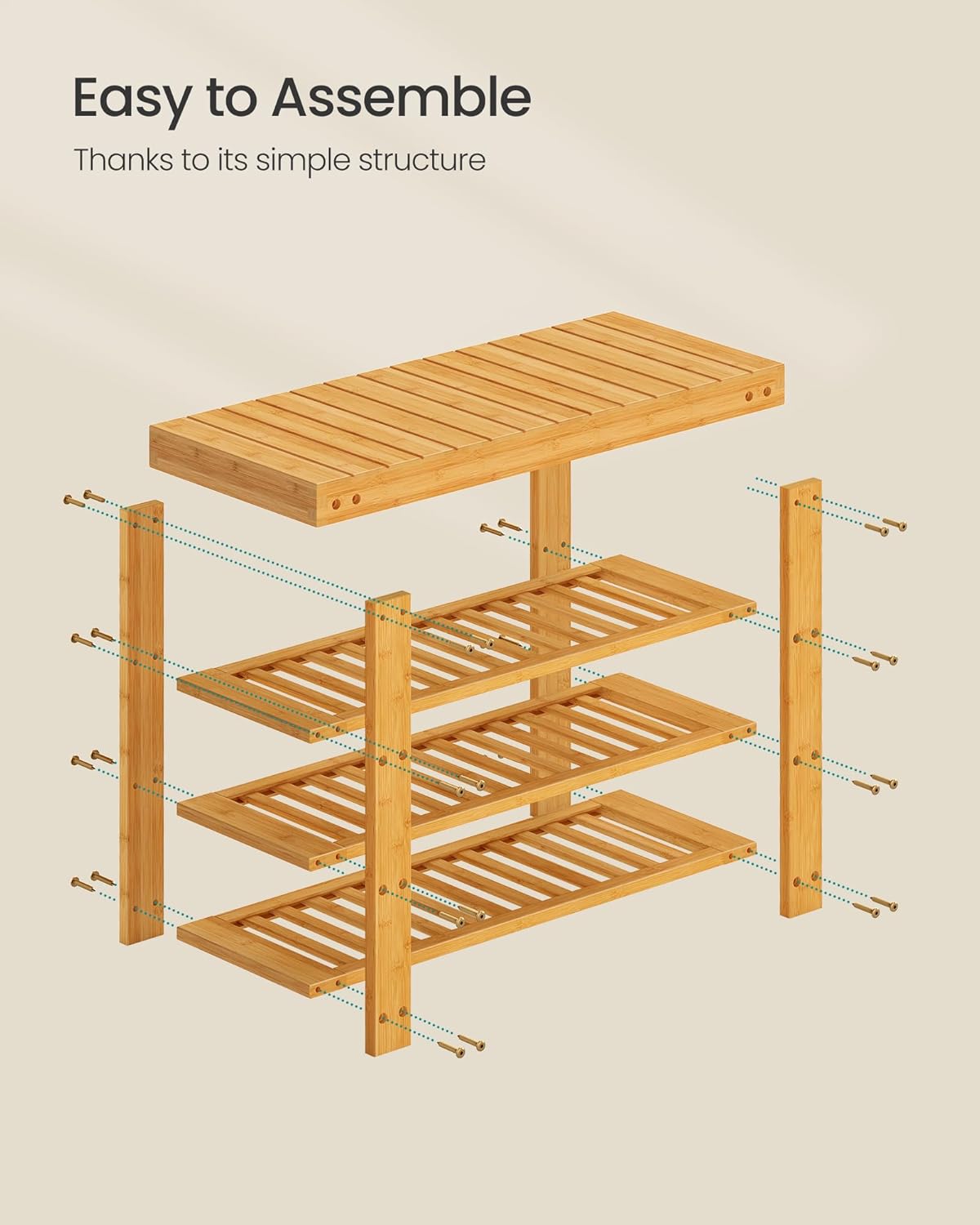 SONGMICS Shoe Rack Bench, 4 Tier Bamboo Shoe Storage Organizer, Entryway Bench, for Living Room, Bathroom, Bedroom, 11.3 x 27.6 x 20.5 Inches, Light Bamboo ULBS370YL01