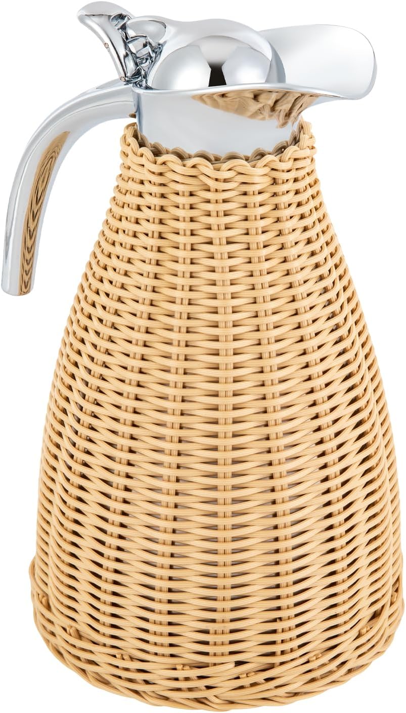 Stainless Steel Coffee Thermal Carafe 1.5L Double Walled Vacuum Insualted Carafe with Handmade Rattan Body for Hot/Cold Water