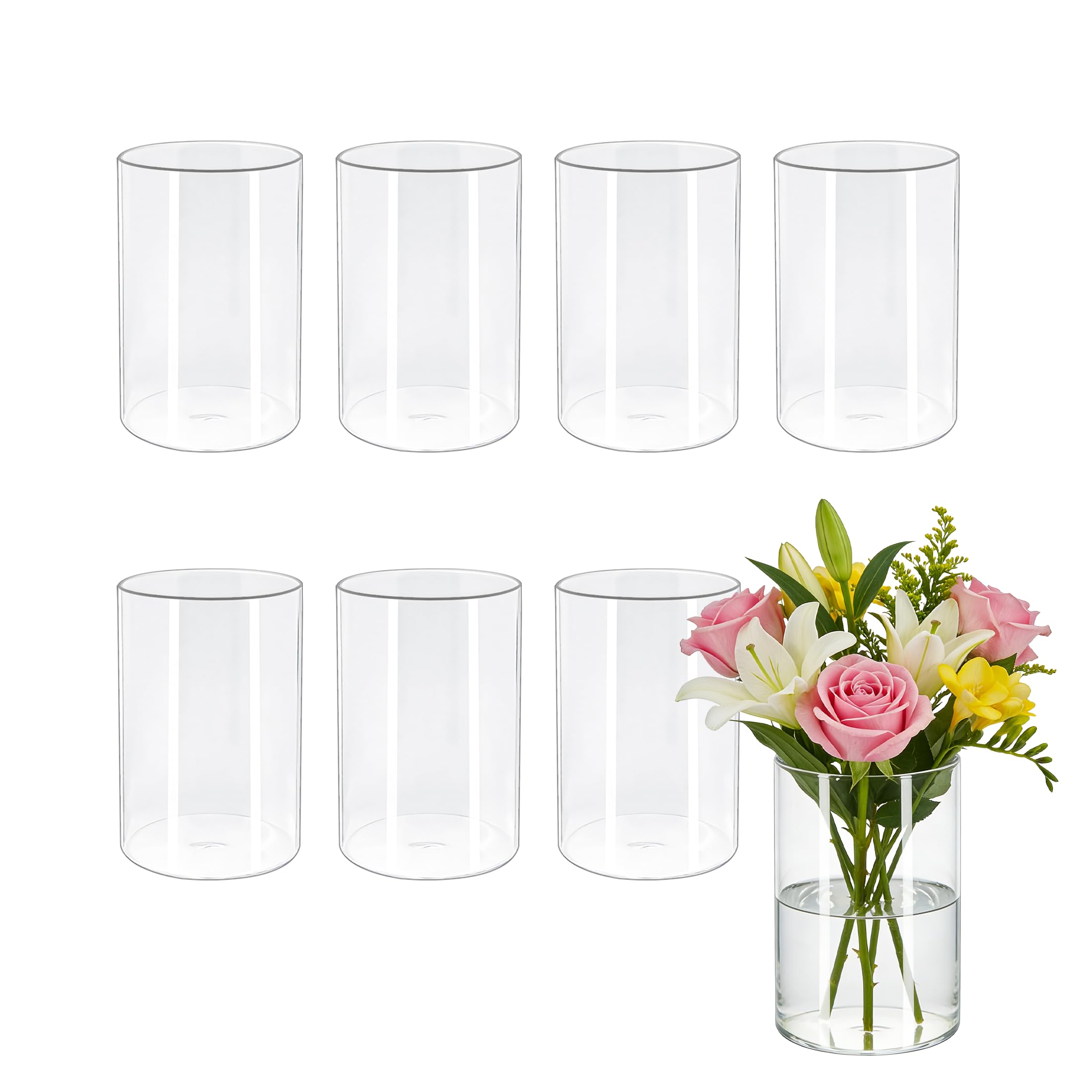 8 jarrones cilíndricos de vidrio HZCPENG de 4 pulgadas de alto x 2.6 pulgadas de ancho para centros de mesa, decoraciones de boda y decoración del hogar interior, portavelas de huracán para mesa