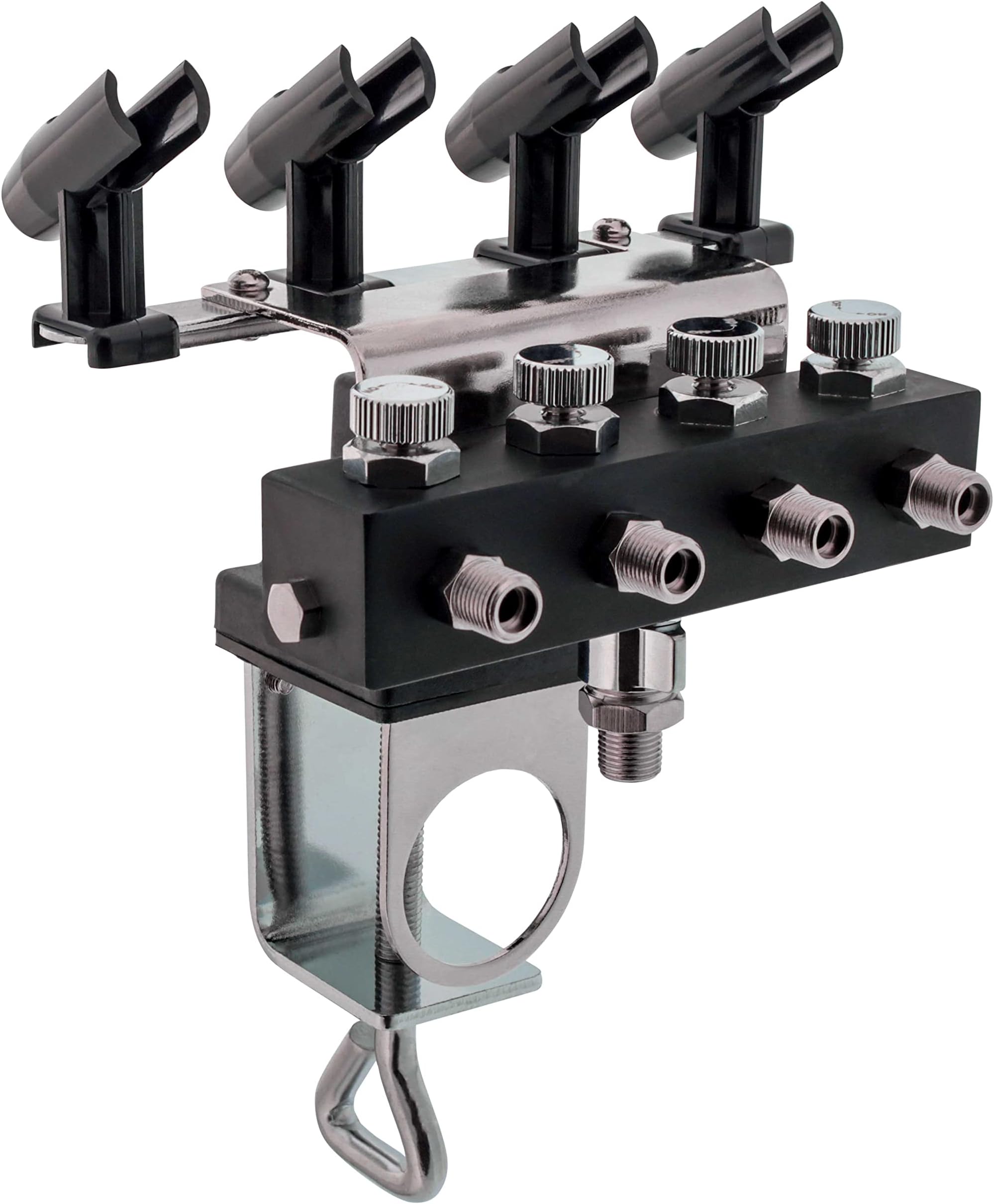 Holder Station with 4-Way Air Splitter Manifold, Holds Up to 4 Airbrushes - Clamp on Work Table, Benchtop, Mount onto Compressor Air Filter Regulator - Regulated Hose Airflow Pressure