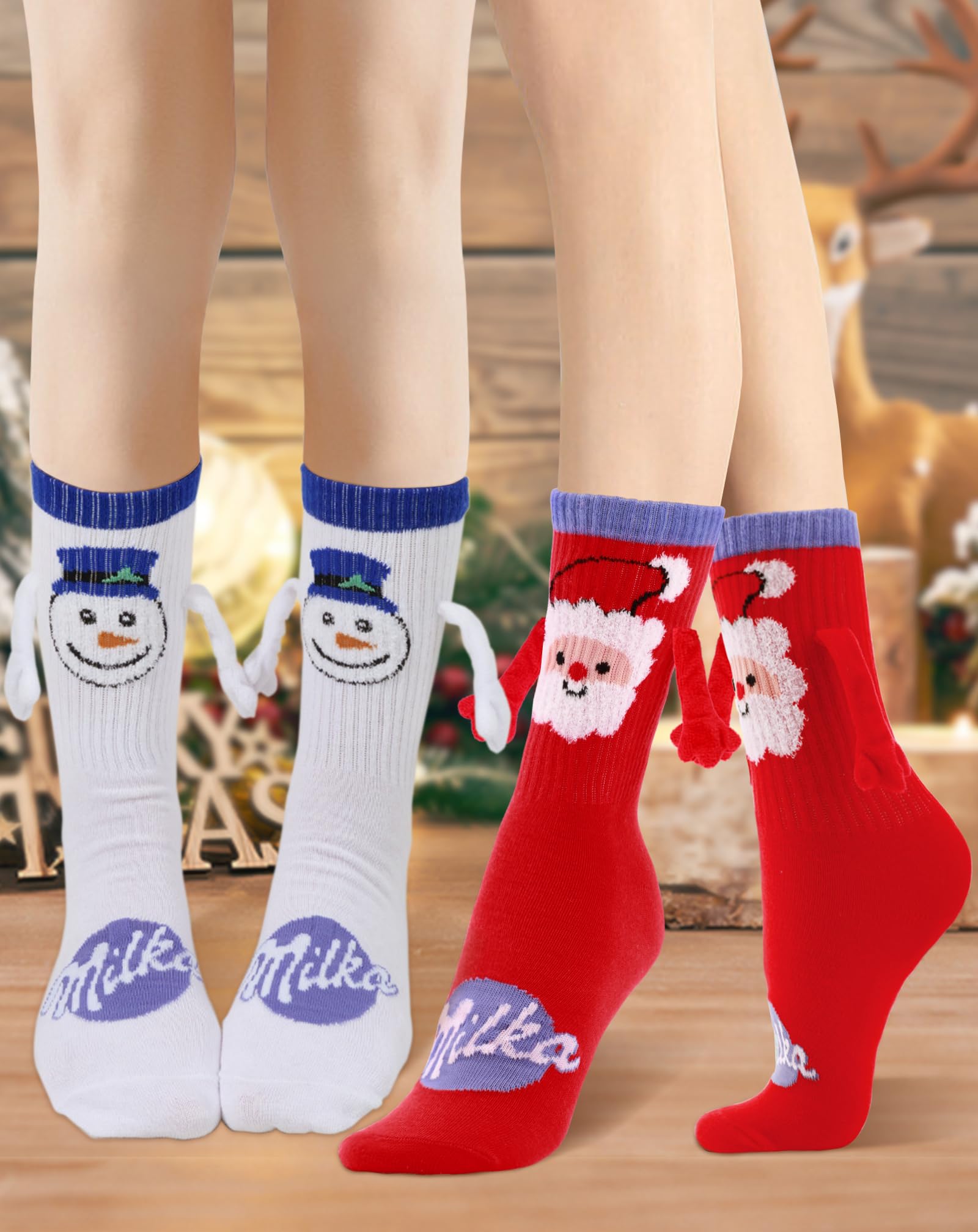Lot de 4 paires de chaussettes de Noël amusantes tenant les mains, magnétiques pour homme et femme, chaussettes de vacances folles avec imprimé de Noël, chaussettes de Noël fantaisies pour couple