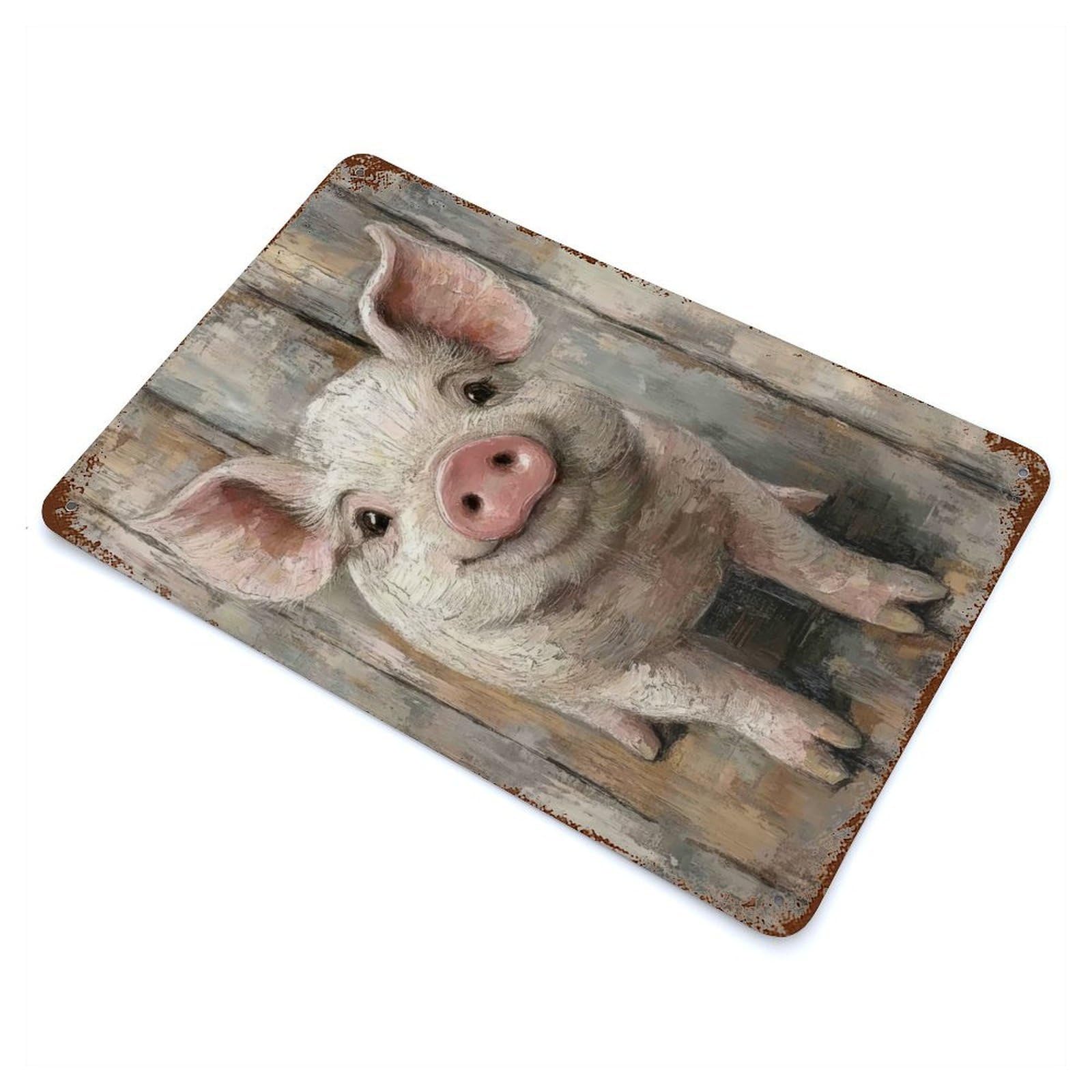 Smiling Pig Portrait Minimal Farm Animal Wall Art Weathered Tin Sign 11.8"x7.9", Novelty Wall Decor for Garage, Pub Or Kitchen
