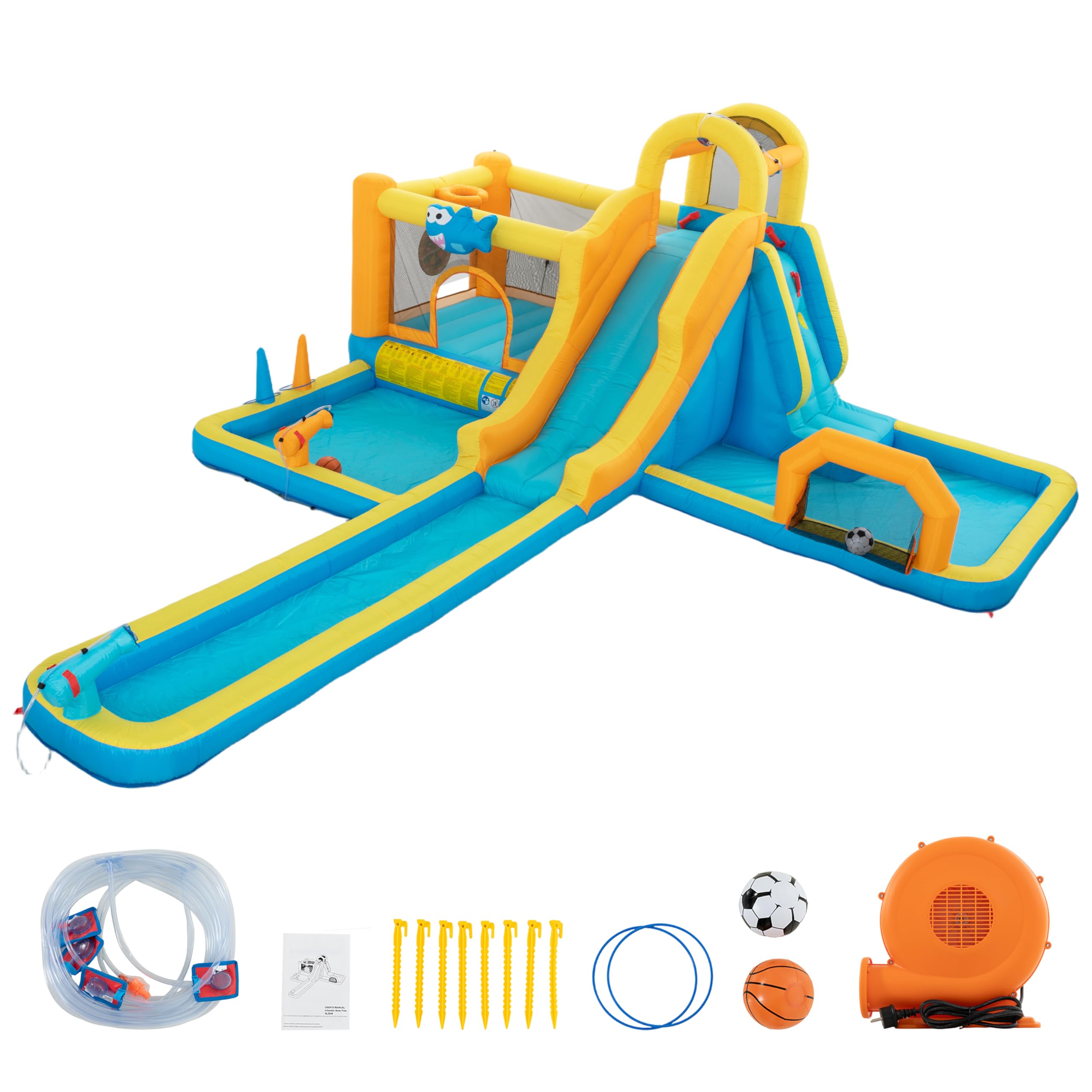 UEV Aufblasbarer 9-in-1 Hüpfburg XXL mit Gebläse, Kletterwand, Springen, Wasserpistole, Ballspielplatz, Extra Lange aufblasbare Rutsche, for Indoor & Outdoor, EN71-1/2/3, 590x502x220cm