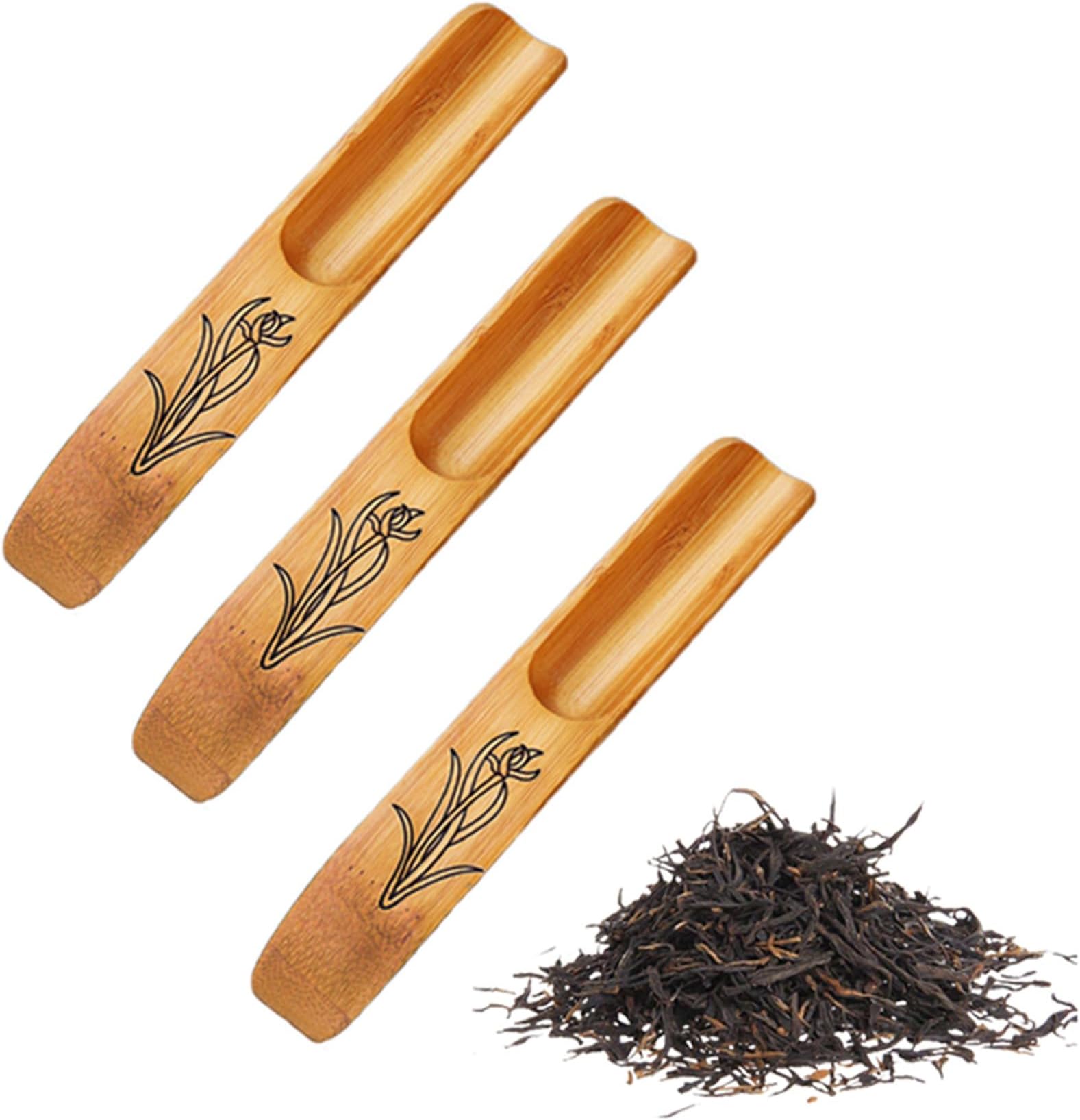 Haidong 3Pcs Bamboo Tea Spoon, Scoop for Loose Tea, Chinese Kung Fu Tea Shovels Use for Tea, Coffee, Spices, Beans, Condiments, Sugar, Honey, Mustard, Milk Powder, Bath Salts (Carved Style)
