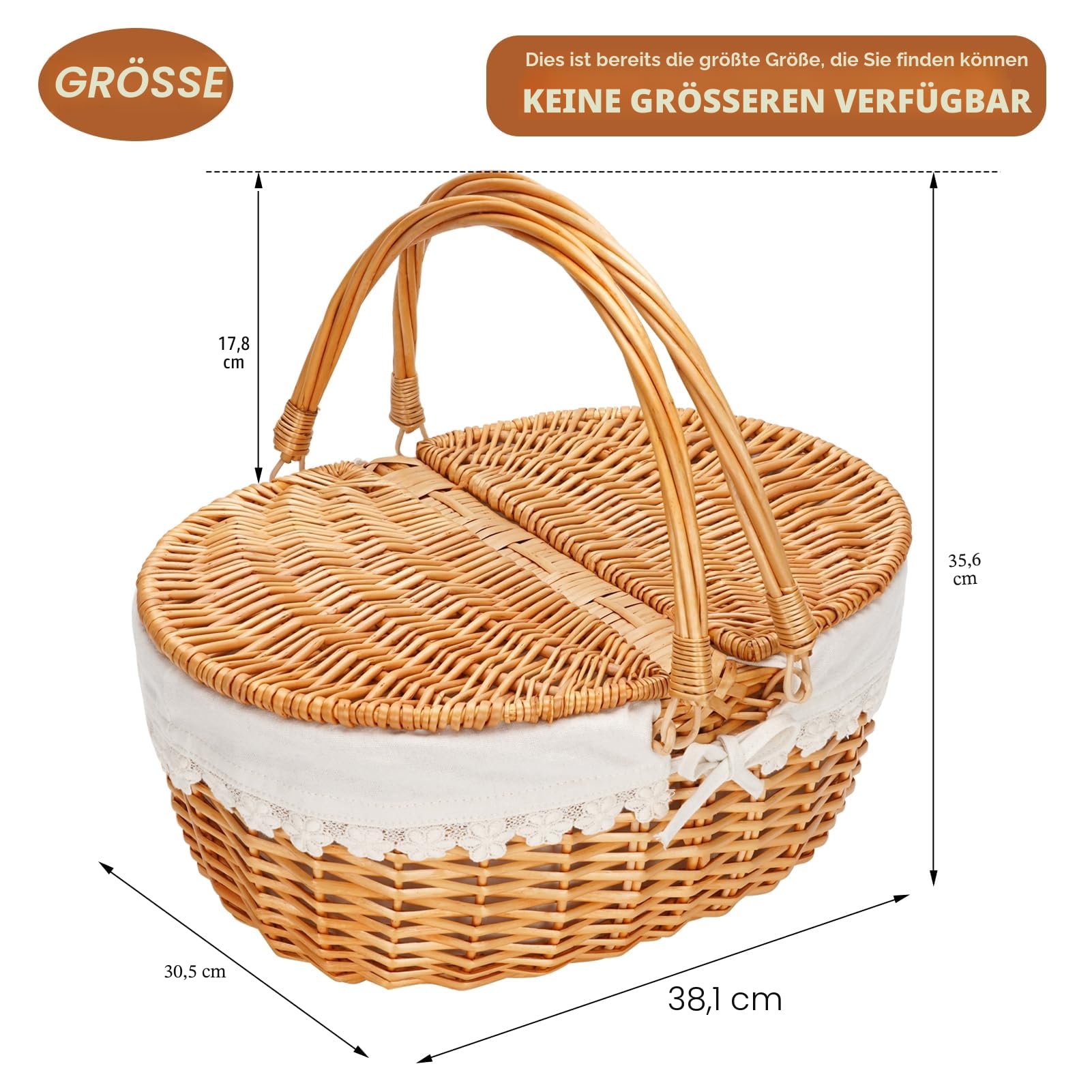 Picknickkorb mit Weiden-Deckel und cremefarbener Innenauskleidung