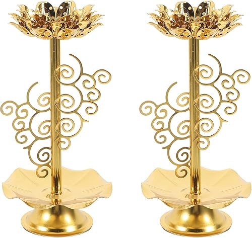 2 portavelas de loto de aleación dorada, soporte de lámpara de mantequilla budista para meditación, altar del hogar y decoración del templo, diseño