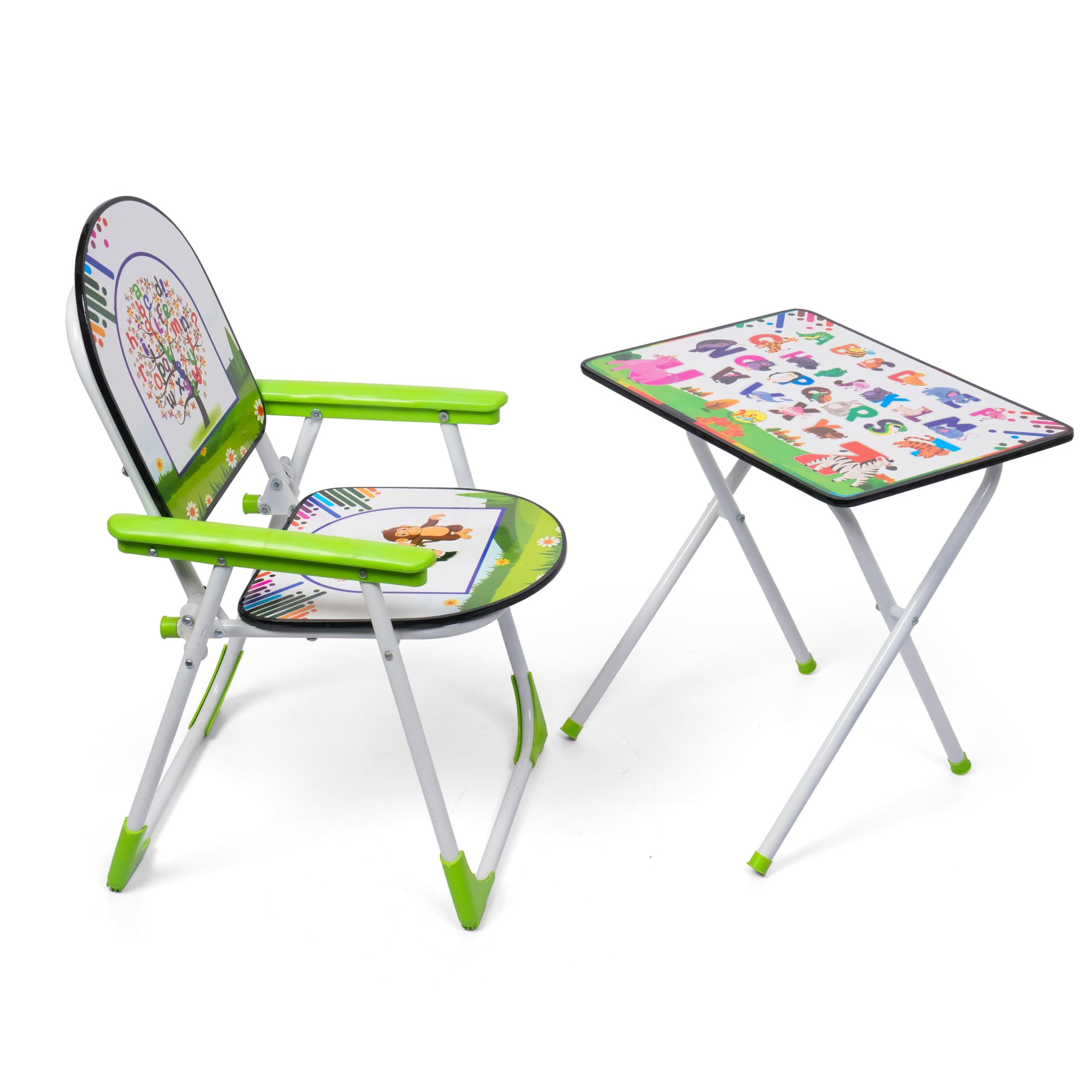 Classy Kids Study Table and Chair Set | Foldable Portable Desk with Comfortable Chair | Writing, Reading, Drawing & Learning Table for Boys and Girls | Strong Metal Frame, Multicolor Design Green-image-35