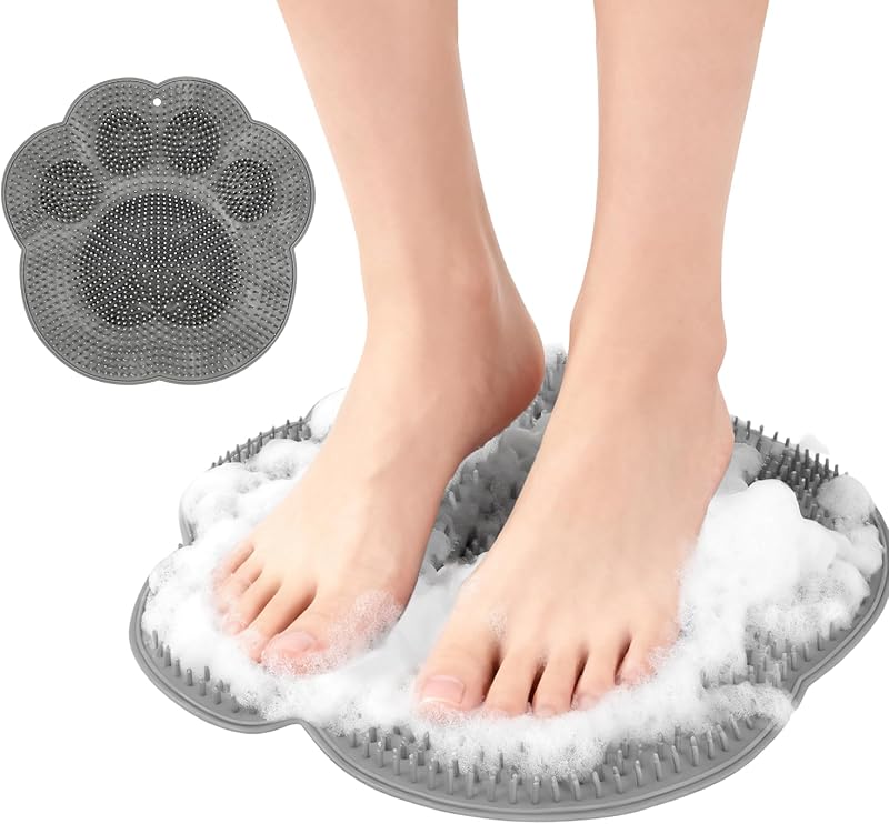 Obantrsz Tapete quadrada de silicone para limpeza dos pés com ventosas e gancho, cinza