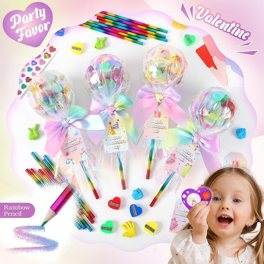Lollipop Valentine Kit, 24 Pack Valentines Day Gifts with Cards, Rainbow Stationery Set Includes Bow Ball Pencil Sharpener Stamper Sticker, Valentine-s Gifts for Kids Classroom (1pcs)