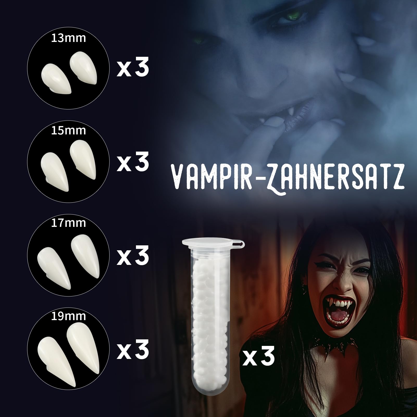 12 par zębów wampirów na Halloween, 4 rozmiary, wampiry, cosplay, pellet, klej do cosplay, rekwizyty, Halloween, demony, czarownica
