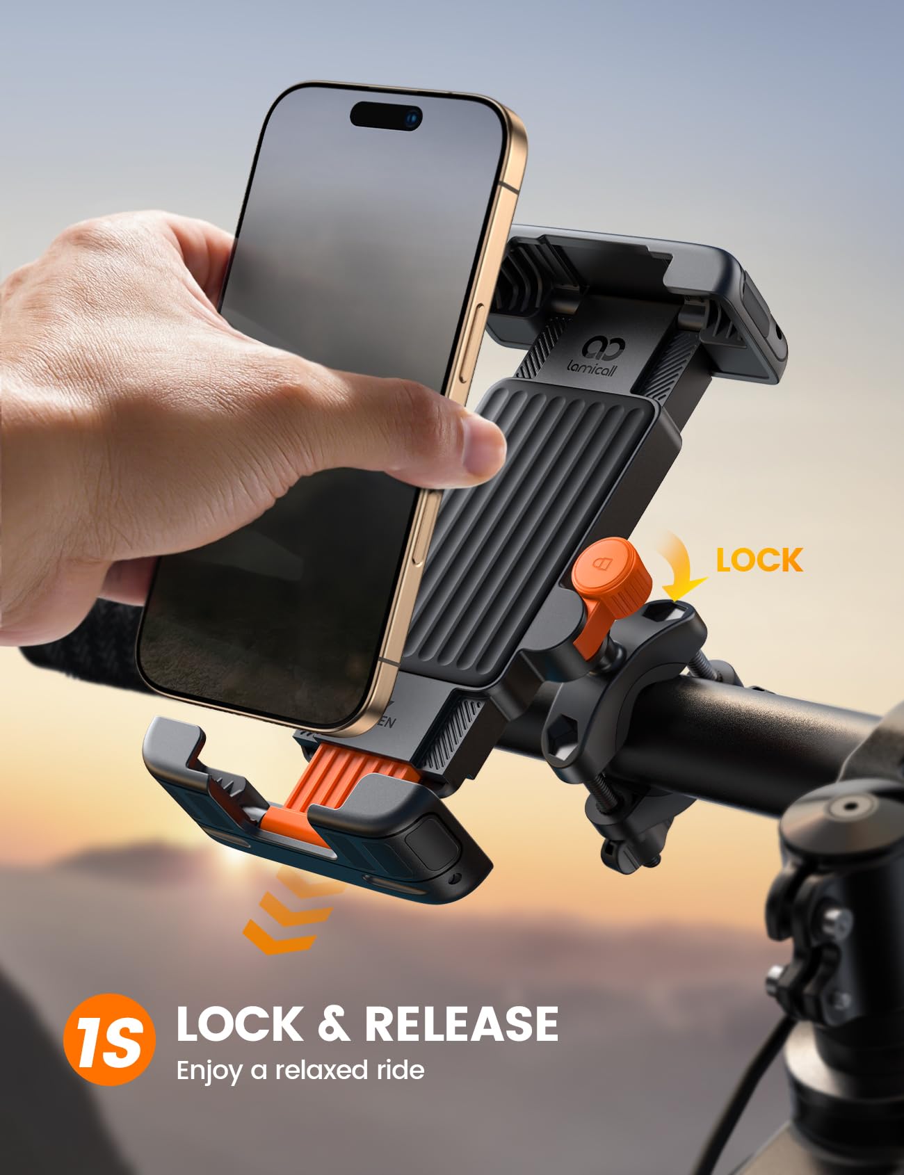 Lamicall Bike Phone Holder Bicycle - 【Foldable Clamp】 Motorbike Phone Holder, Universal Motorcycle Handlebar Clamp Mount for iPhone 17 16 15 14 13 Pro Max Mini Air, Samsung S25, All Phones - Orange — view 2