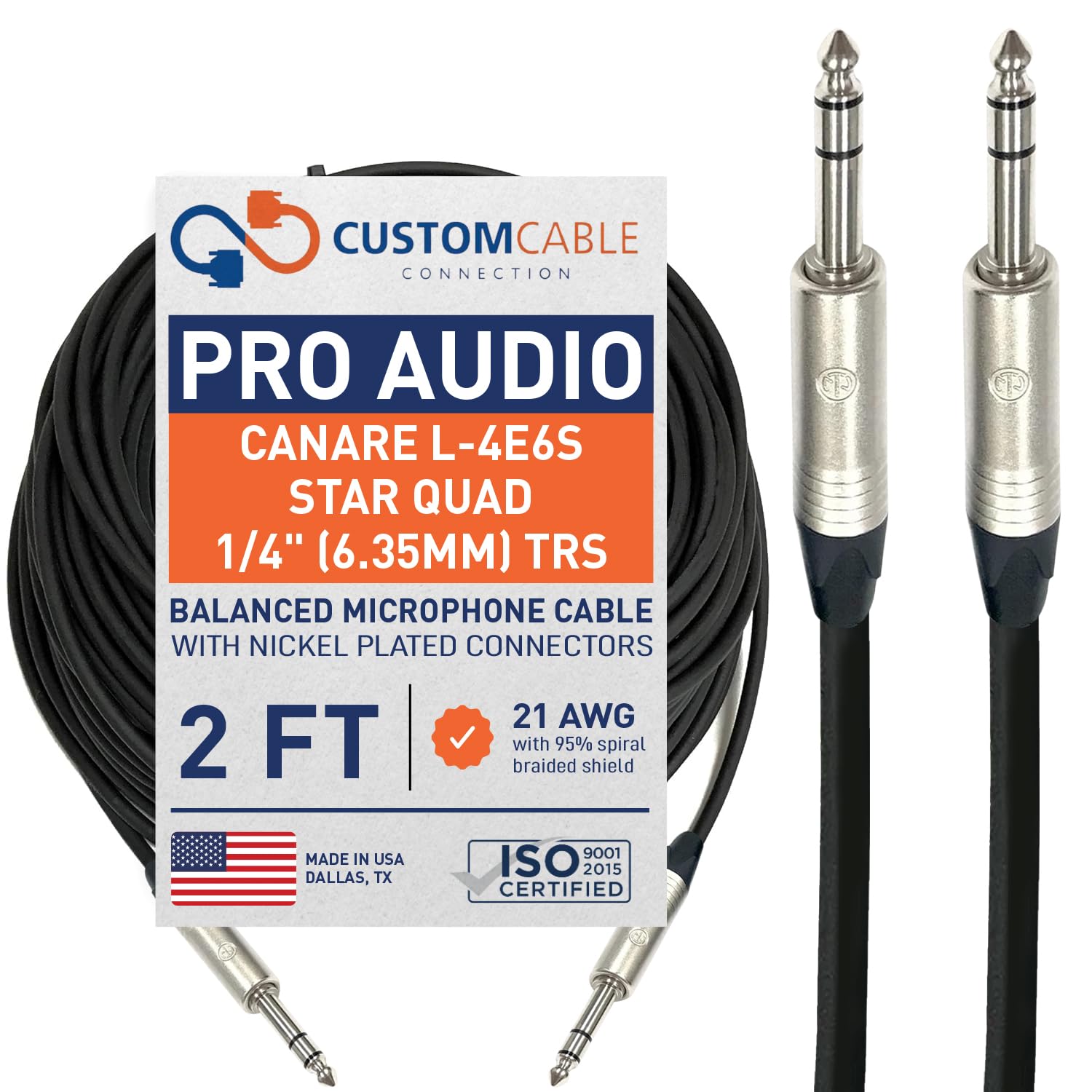 Custom Cable Connection 2 Foot Canare L-4E6S Star Quad 1/4" (6.3mm) TRS Balanced Microphone/Audio Cable