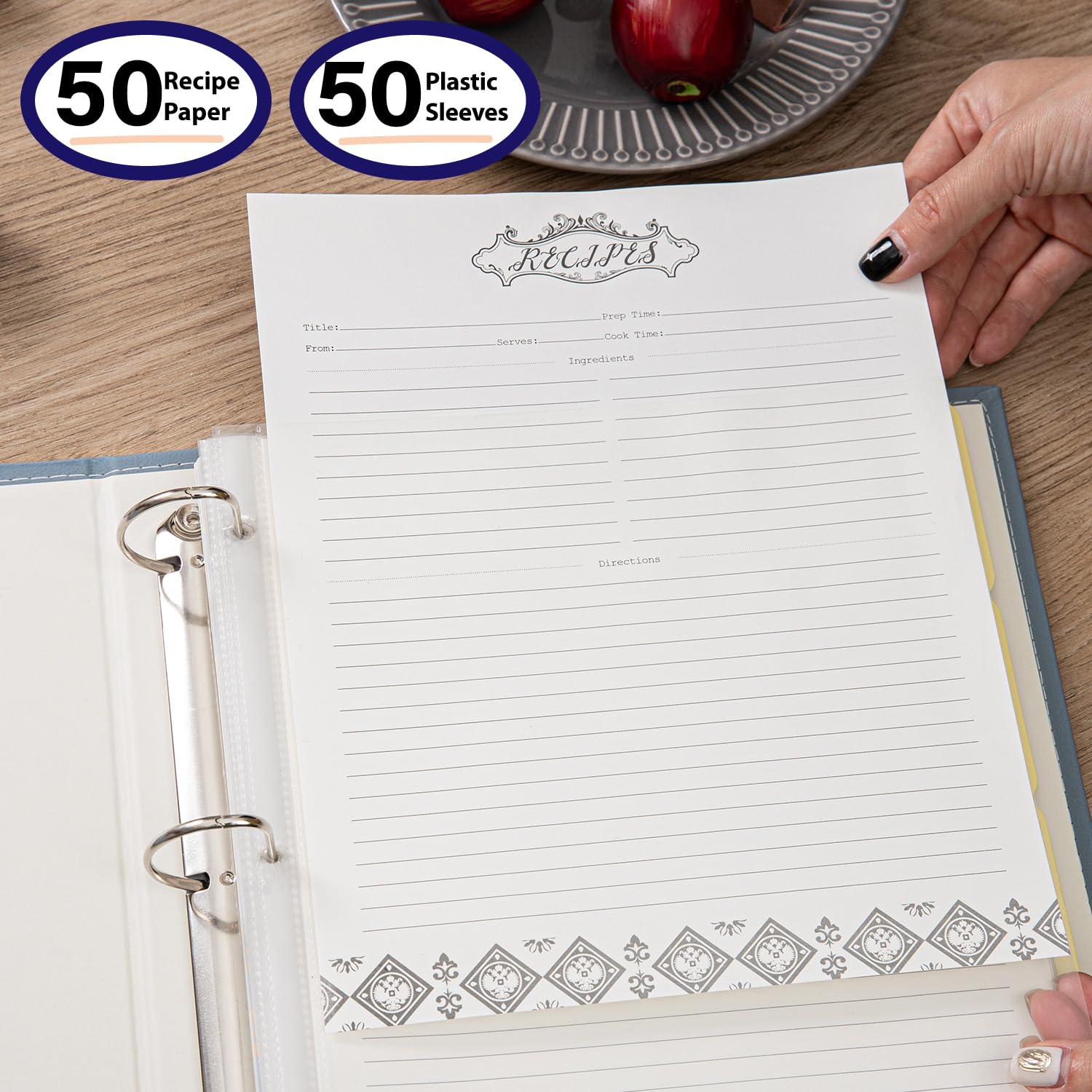 COFICE Raccoglitore per ricette con maniche in plastica, 21 x 28 cm, organizer a 3 anelli, kit per ricette, per scrivere le tue ricette, copertina in ecopelle (blu)