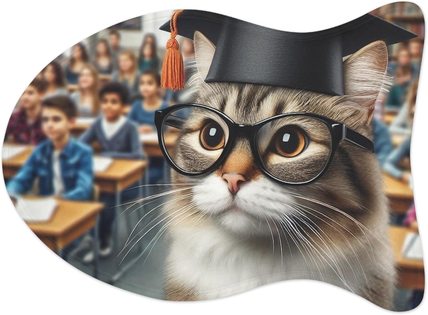 Realistic Teacher Cat Vibrant Colors Anti-Slip Pet Feeding Mat with Memory Foam Core