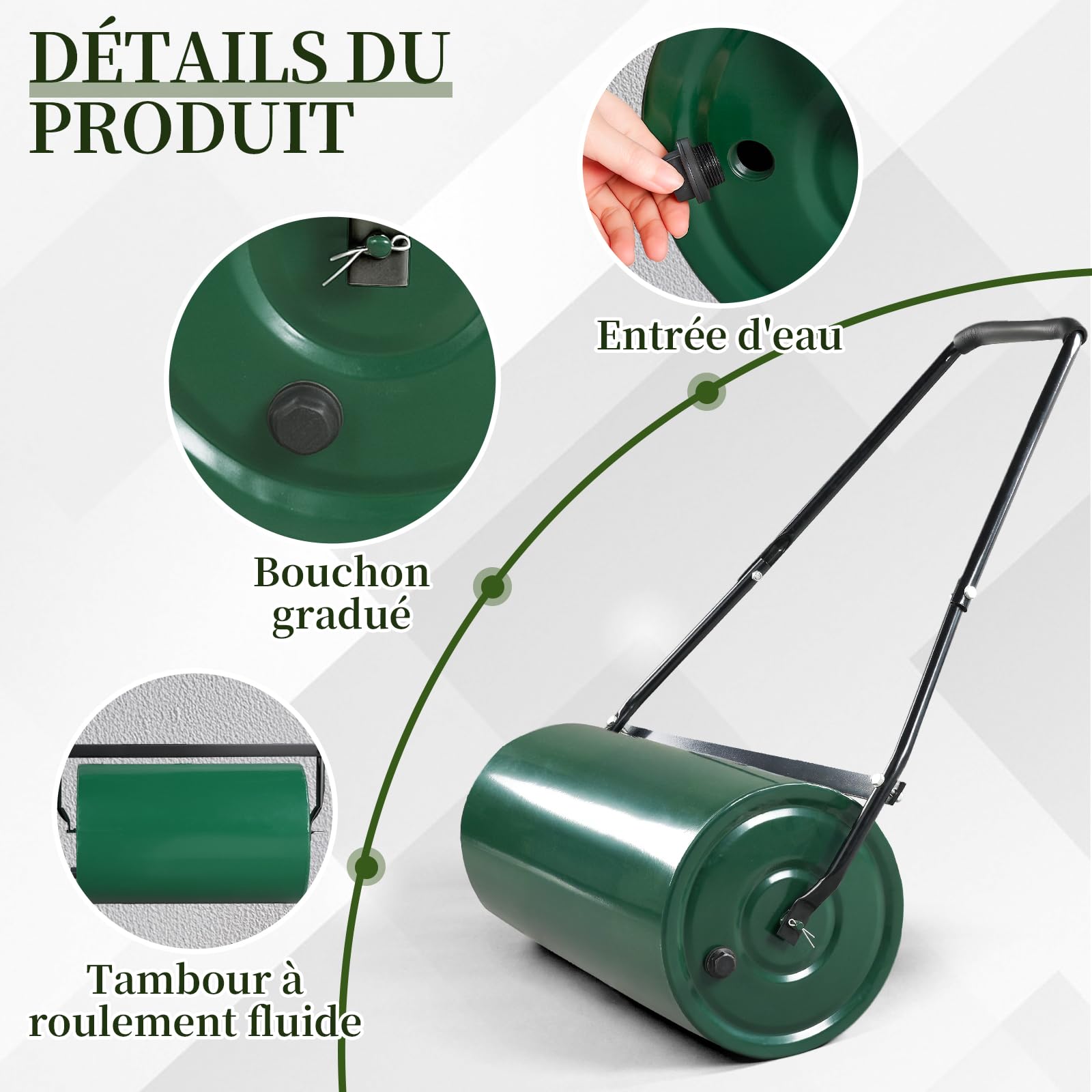 LEADZM Rouleau Gazon 50 L, Surface de Contact 60 cm, diamètre 32 cm – remplissable de Sable ou d'eau, Rouleau aérateur de pelouse, poignée rembourrée, Confortable et Efficace