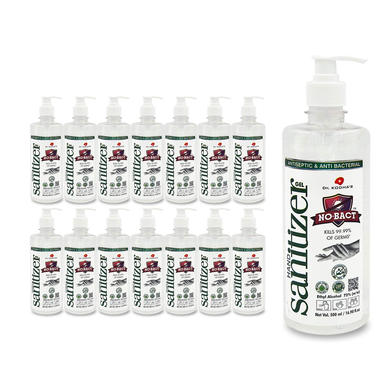 NO-BACT 72% w/w Ethyl Alcohol Multipurpose Antiseptic & Anti Bacterial, DCGI APPROVED Formula, GEL Based, Fragrance Free, Pack of 15 Hand Sanitizer Pump Dispenser