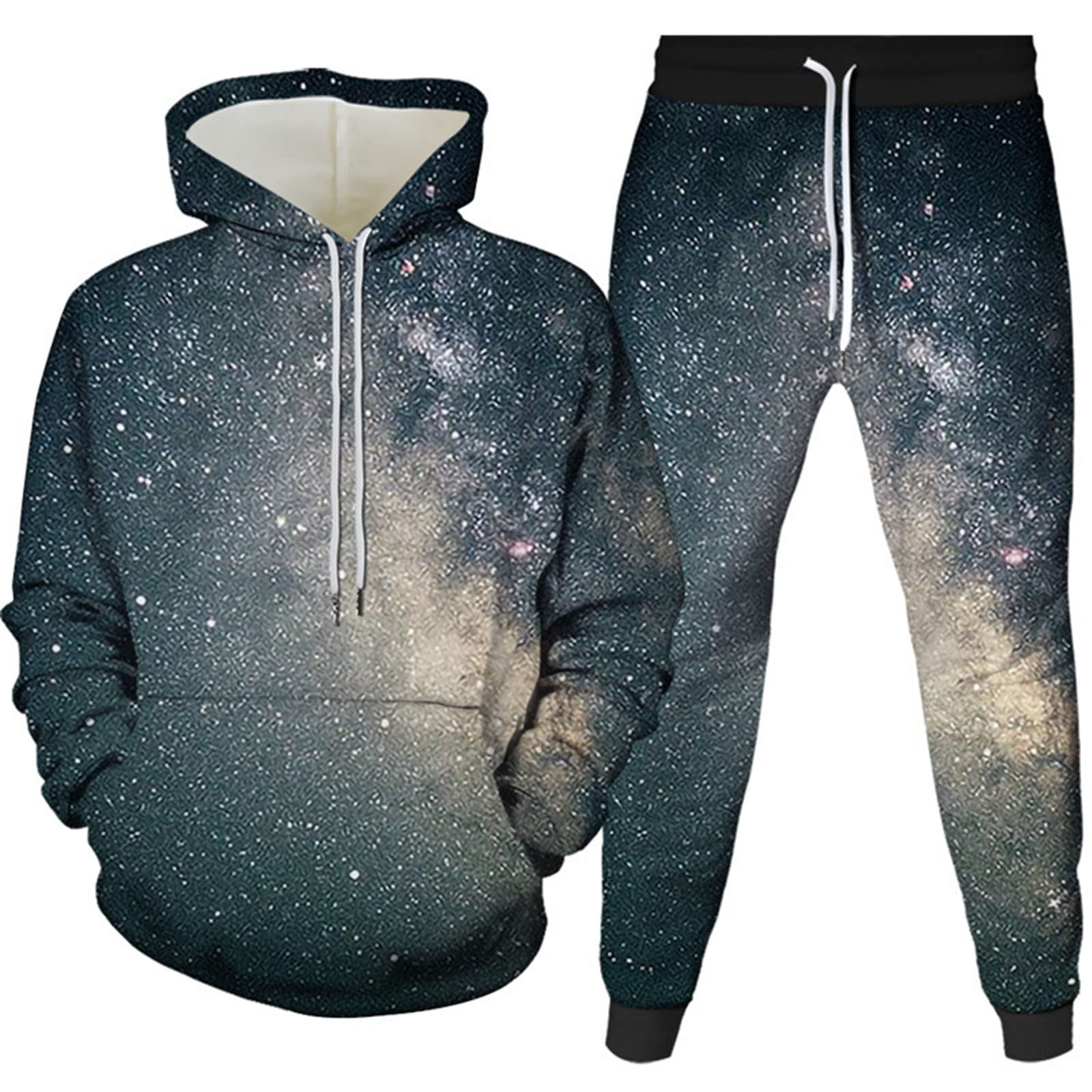 Tuta Uomini Autunno Stampa Digitale 3D Bella Cielo Stellato Felpa Con Cappuccio + Pantaloni 2 Set Di Moda Per Il Tempo Libero, 14, XL