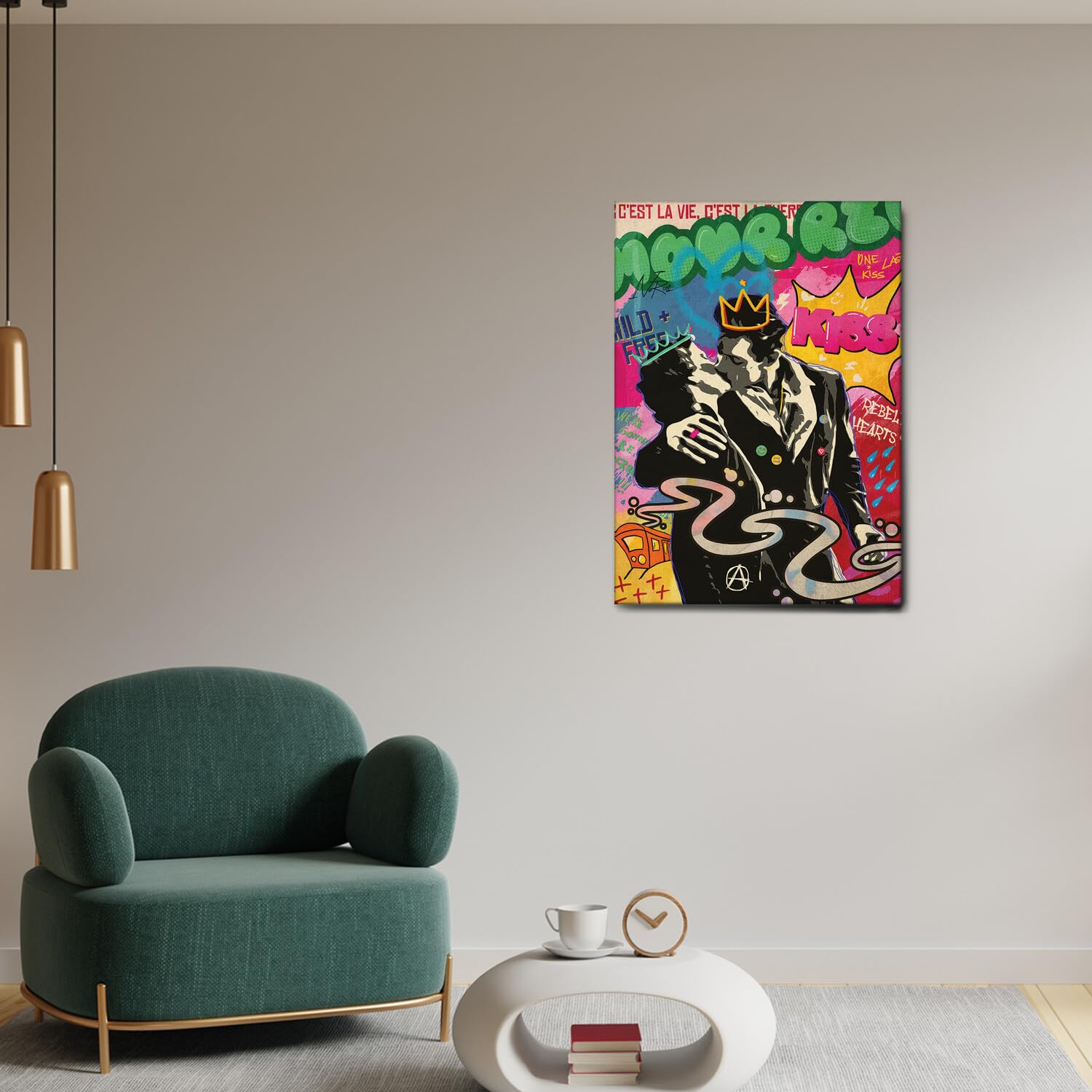 Giallobus - Quadro - 11 - Il bacio alla stazione punk - Tela Canvas Telaio Standard - 50L x 70l cm - Pronto da appendere - Quadri moderni per la casa