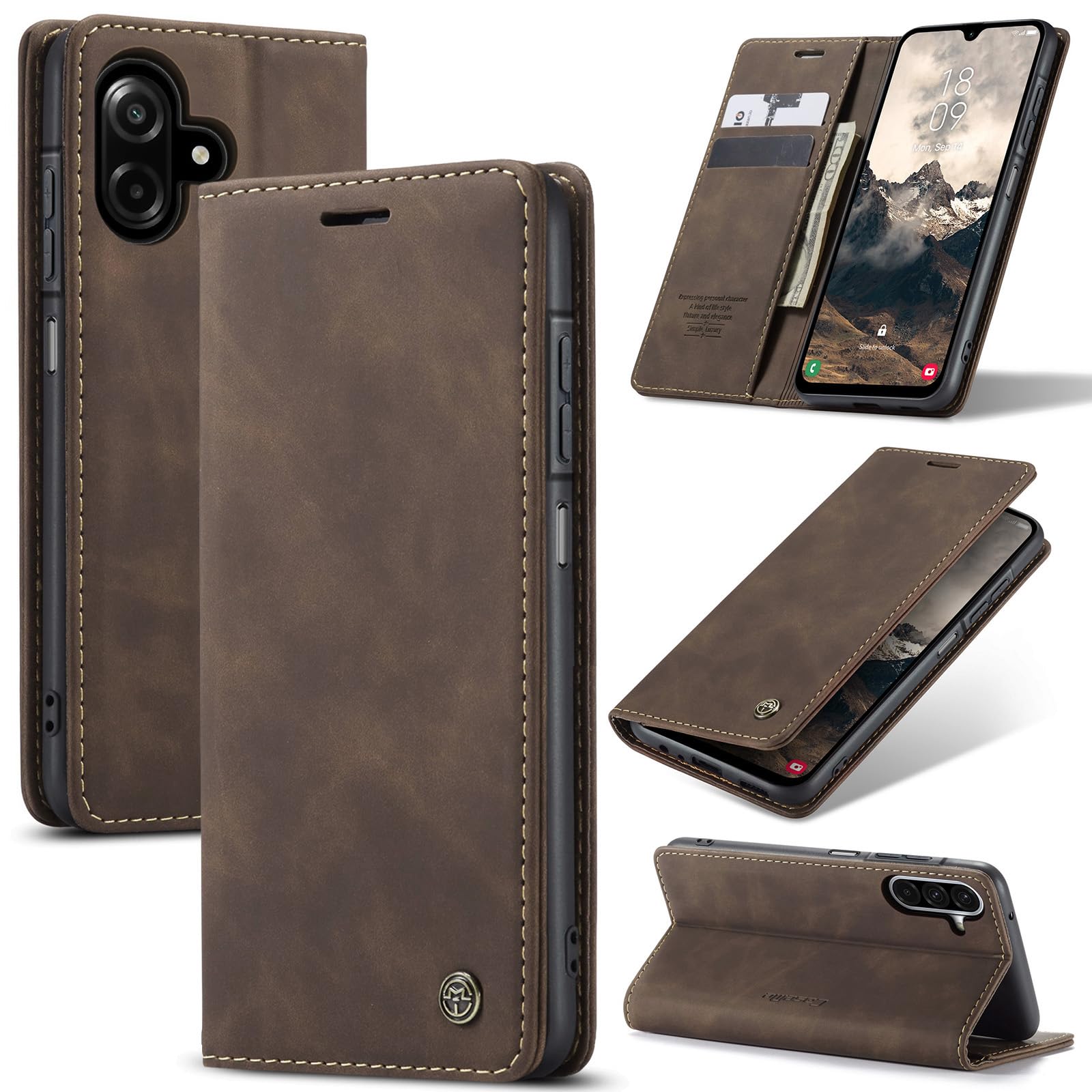 Azororo Cover per Samsung Galaxy A07 5G, Premium PU Pelle Custodia, Magnetica Carta Fessura Portafoglio Case, Flip Cavalletto Custodia per Samsung Galaxy A07 - Caffè