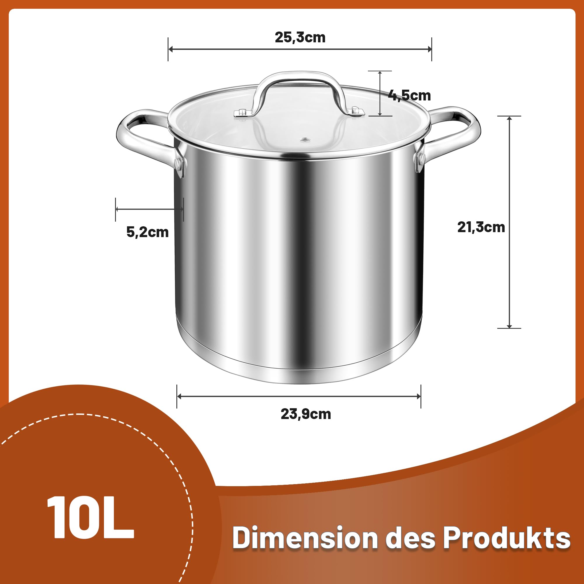 TEAMFAR olla 10L, olla grande de acero inoxidable para pasta de inducción con base de 3 capas para todo tipo de cocinas, tapa de cristal, olla sopera de 24cm olla para carne para cocinar