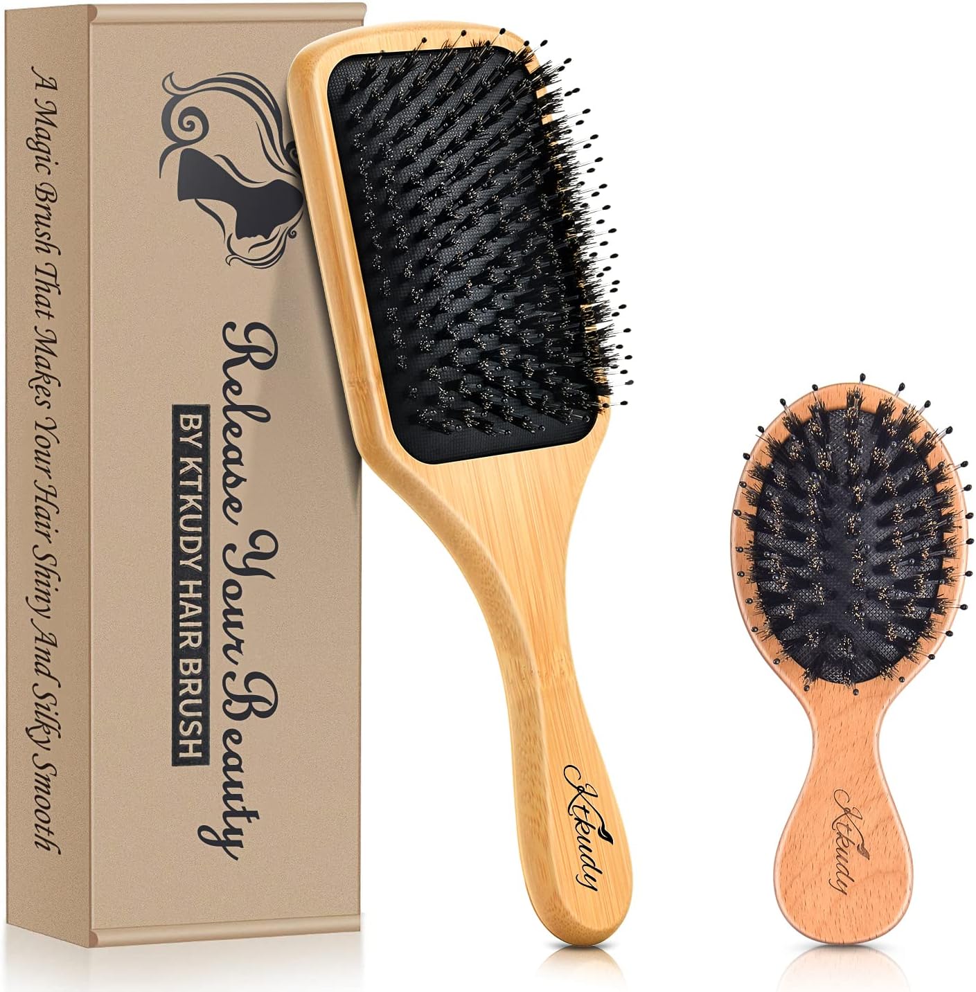 KTKUDYHairbrush Set, Boar Bristle Hairbrush for Home & Travel, Detangling Brush for Yourself & Kid - Adds Shine and Leaves Hair Silky Smooth - Natural Bamboo & Wood