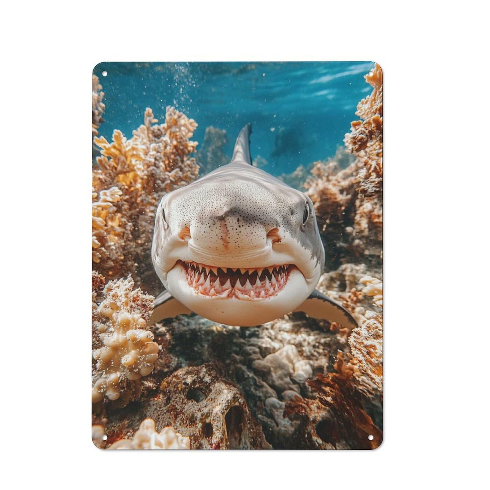 Junmoney Style Garden Tin Sign 40X30cm Featuring Shark Portrait Underwater With Coral Reef, Shed Wall Decor For Patio Bar, Workshop, Shed Or Kitchen