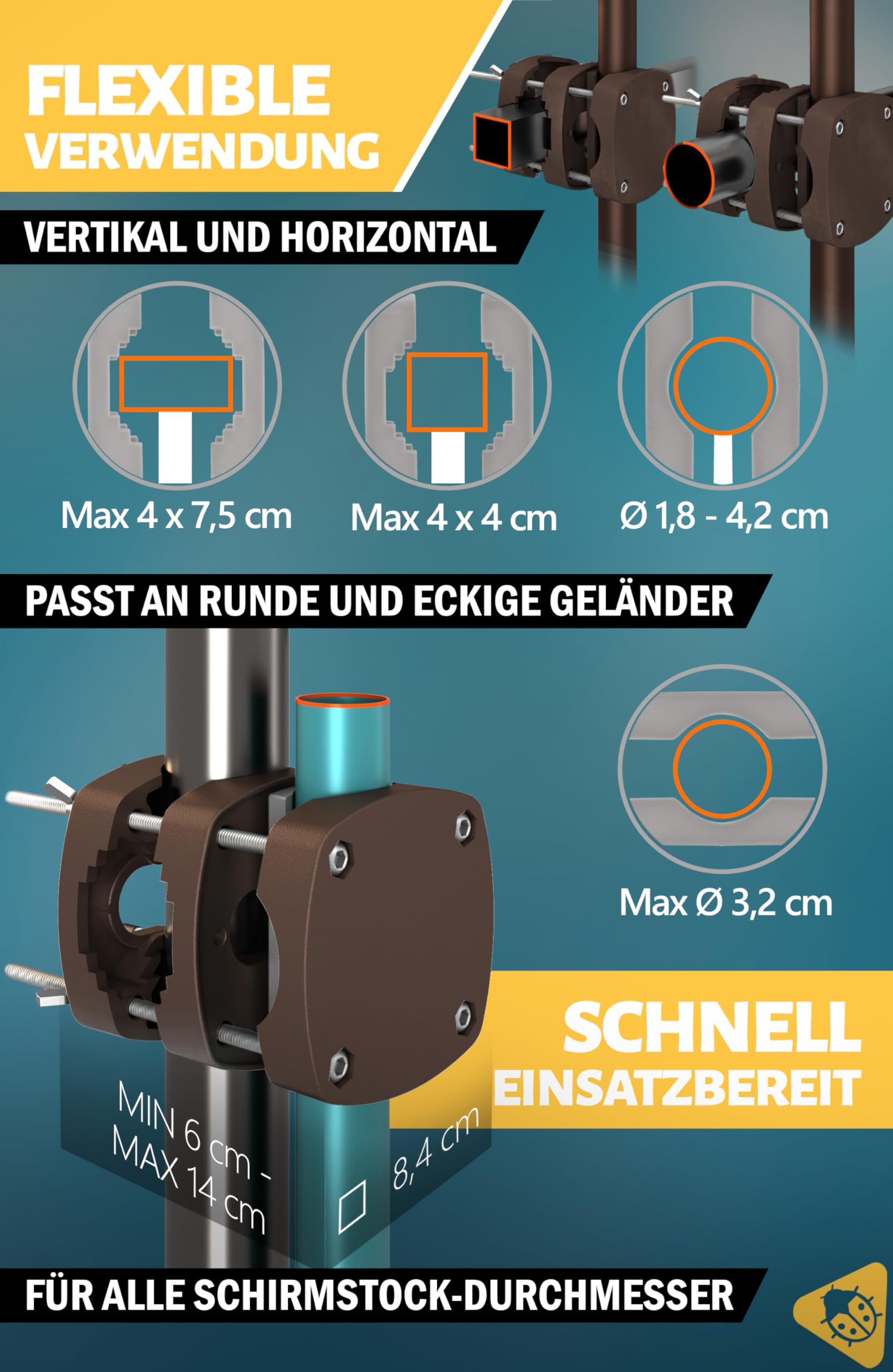 Menz SunnyBoy Pied De Parasol Balcon - Support Balustrade Gain De Place Pour Parasol Jusqu'à 2m, Noir