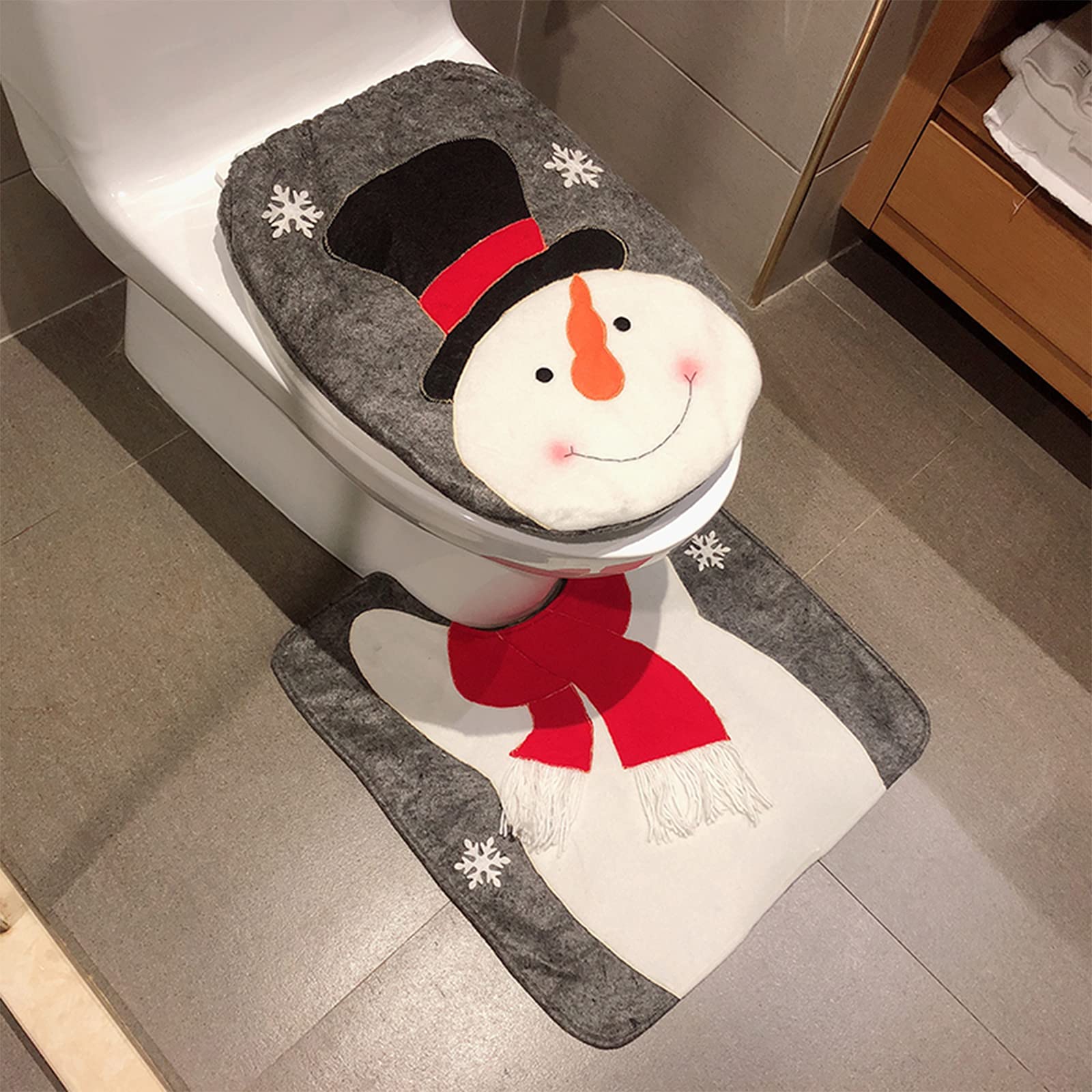 Chedin Pokrowiec na deskę sedesową, na Boże Narodzenie, do WC, dekoracja bożonarodzeniowa, dekoracja toalety, Święty Mikołaj, bałwan, łoś, dywanik toaletowy, zestaw 2 sztuk (bałwan)