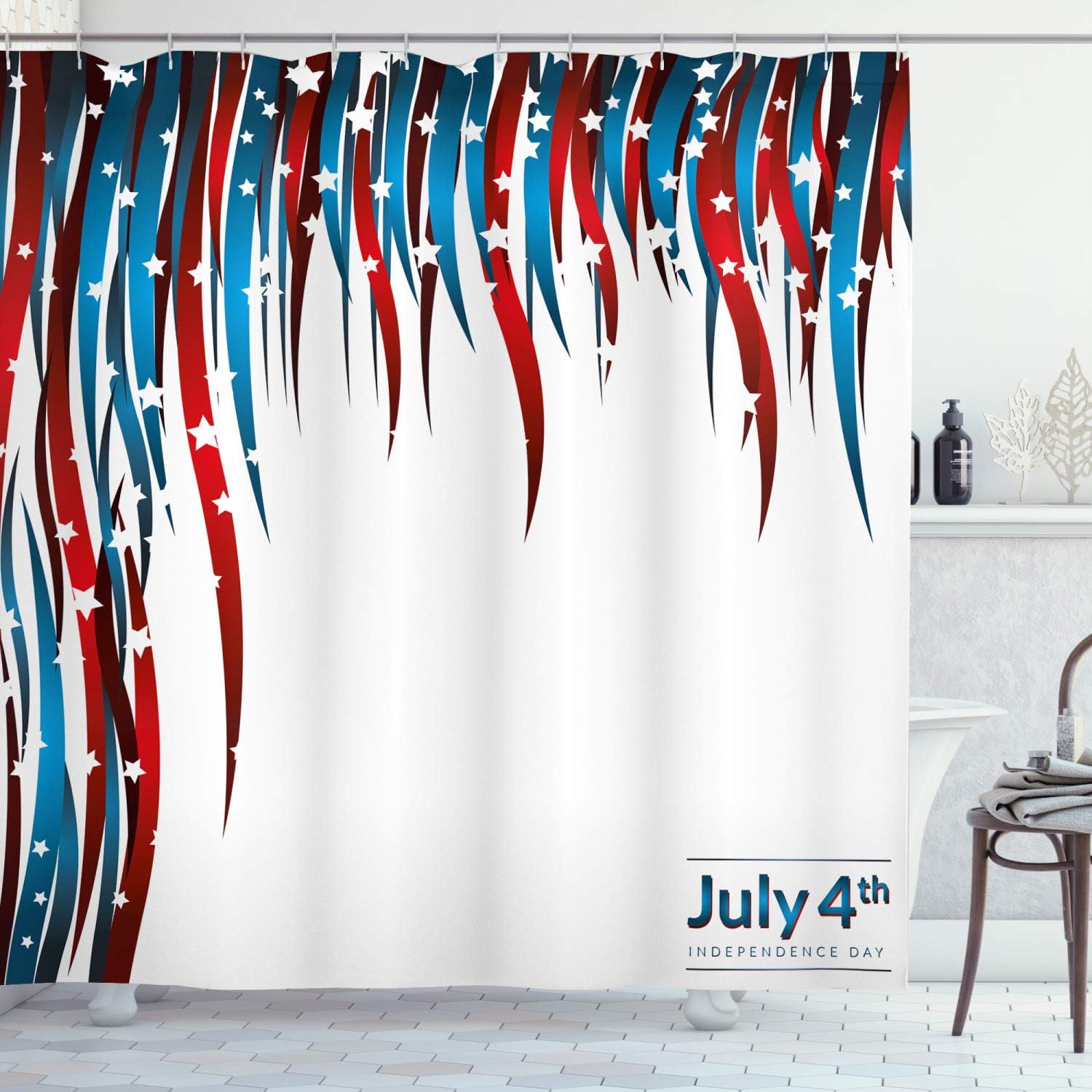 Ambesonne 4th of July Shower Curtain, Independence Day Themed Stars and Swirled Stripes Composition, Cloth Fabric Bathroom Decor Set with Hooks, 69" W x 75" L, Red White and Navy Blue