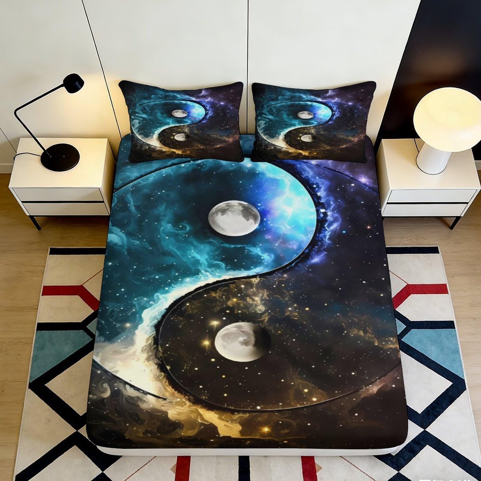 3D Printed Yin Yang Galaxy Fitted Sheet Microfiber Soft Mattress Cover Cosmic Moon for Bedroom Dorm Use 160x200x25cm