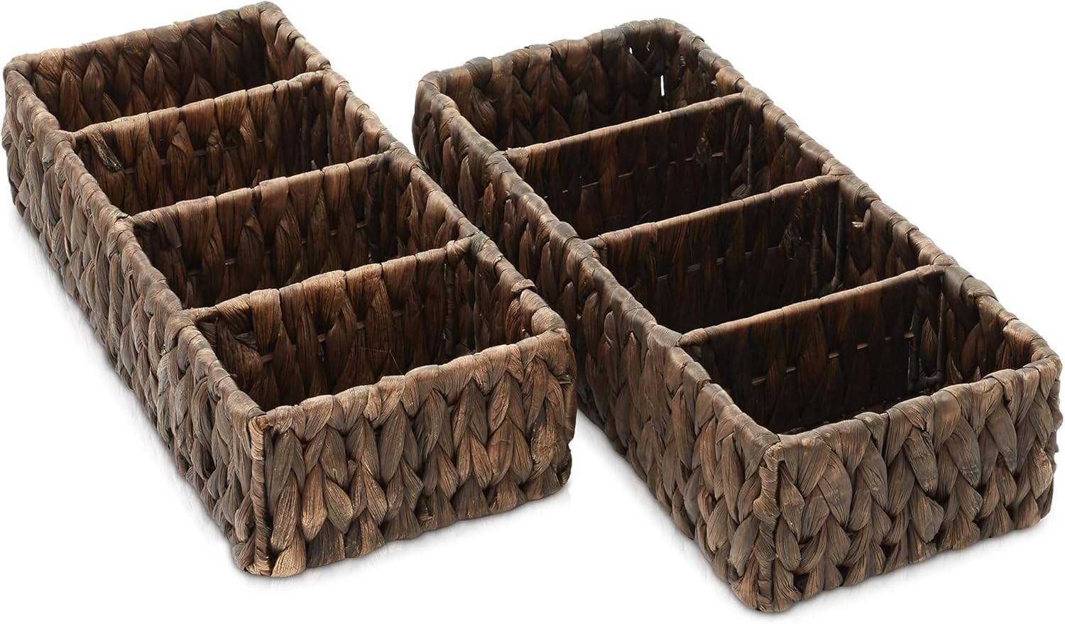 Casafield Set of 2 Water Hyacinth Basket Organizers with 4 Sections, Espresso - Woven Storage Bins for Bathroom, Laundry, Pantry, Office, Shelves