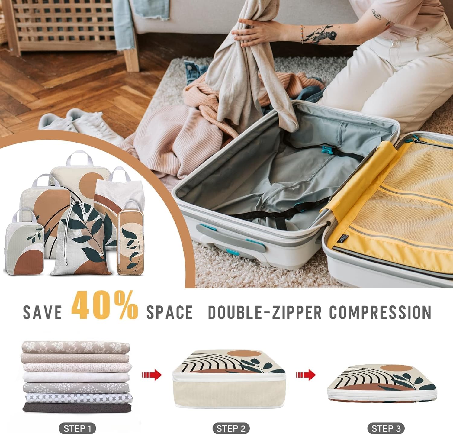 6 Set Boho Compression Packing Cubes Compressed Storage Bags for Carry on Suitcases Packaging Luggage Bags Organizers for Travel - Image 4