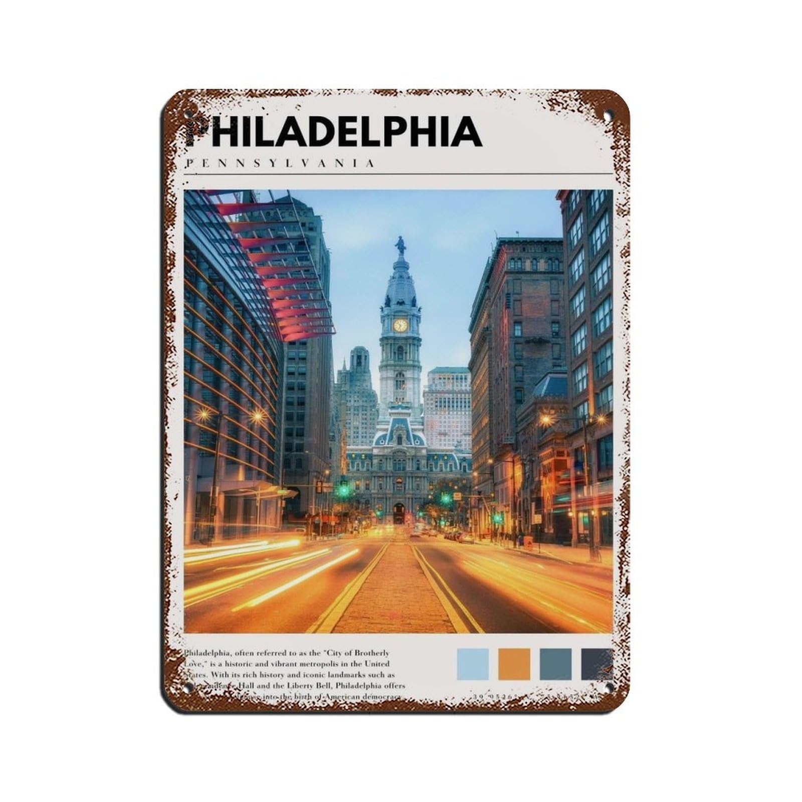 Philadelphia Pennsylvania Poster Tin Sign Vintage Metal Pub Club Cafe Bar Home Wall Art Decoration Poster Retro 12x16inch(30x40cm)