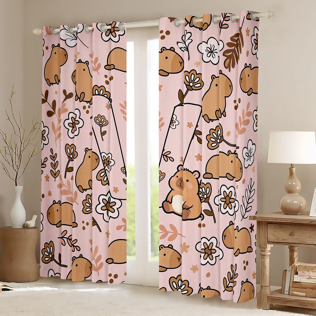 Homewish Cartoon Capybara Curtain 137x117(HxB) Niedliche Tiere Vorhänge Schlafzimmer Capybara Liebhaber Buchstabe V Verdunkelungsvorhänge Zweige Florale 2 Paneele Vorhang